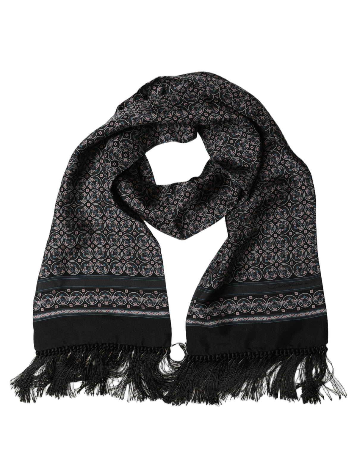 Dolce & Gabbana Black Silk Geometric Fringed Neck Shawl Scarf