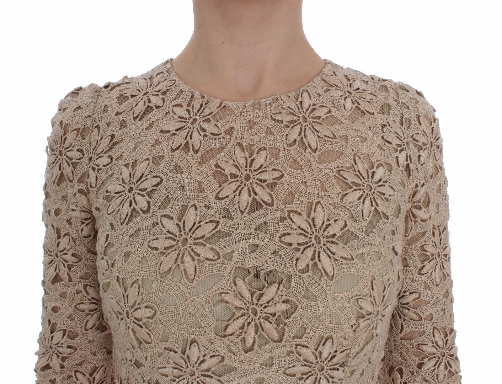 Dolce & Gabbana Beige Floral Lace Long Sleeve Maxi Dress