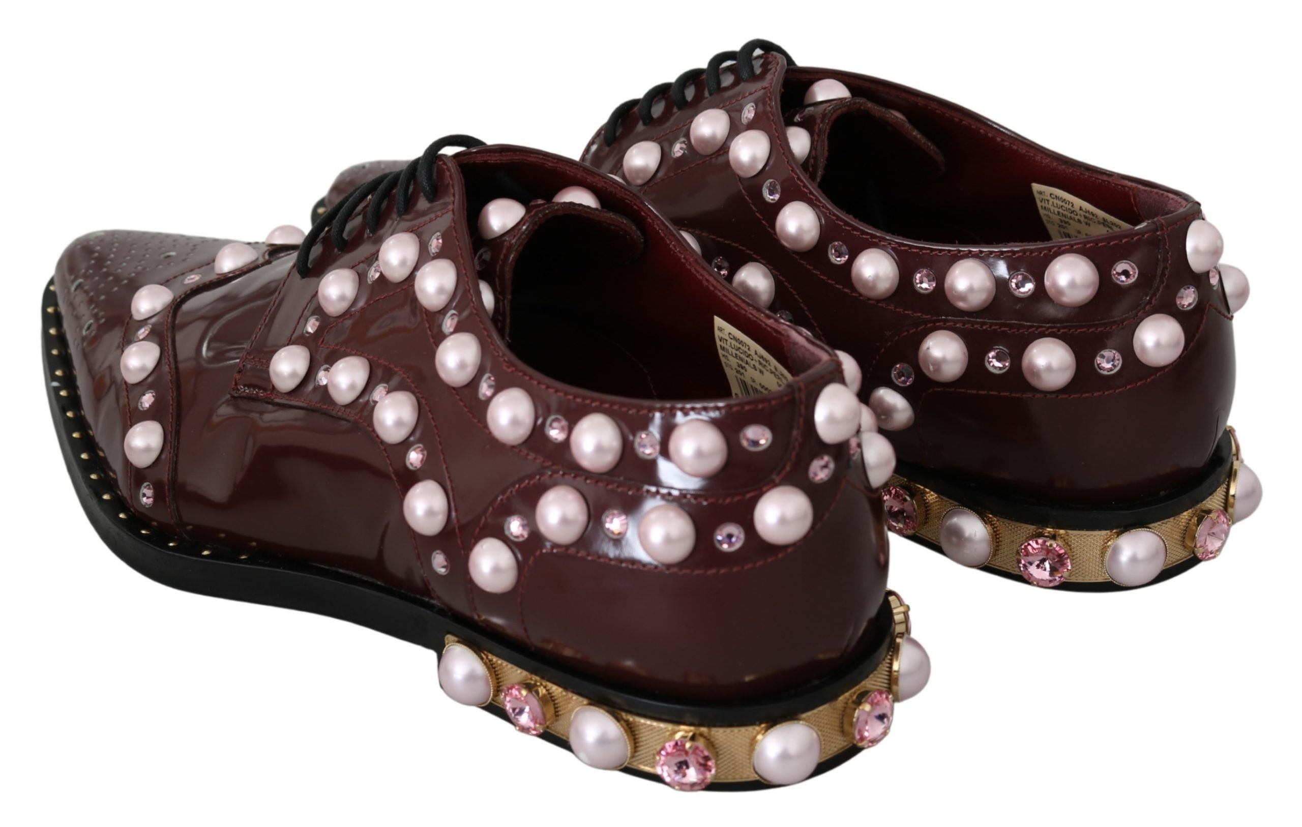 Dolce & Gabbana Elegant Bordeaux Lace-Up Flats with Pearls and Crystals