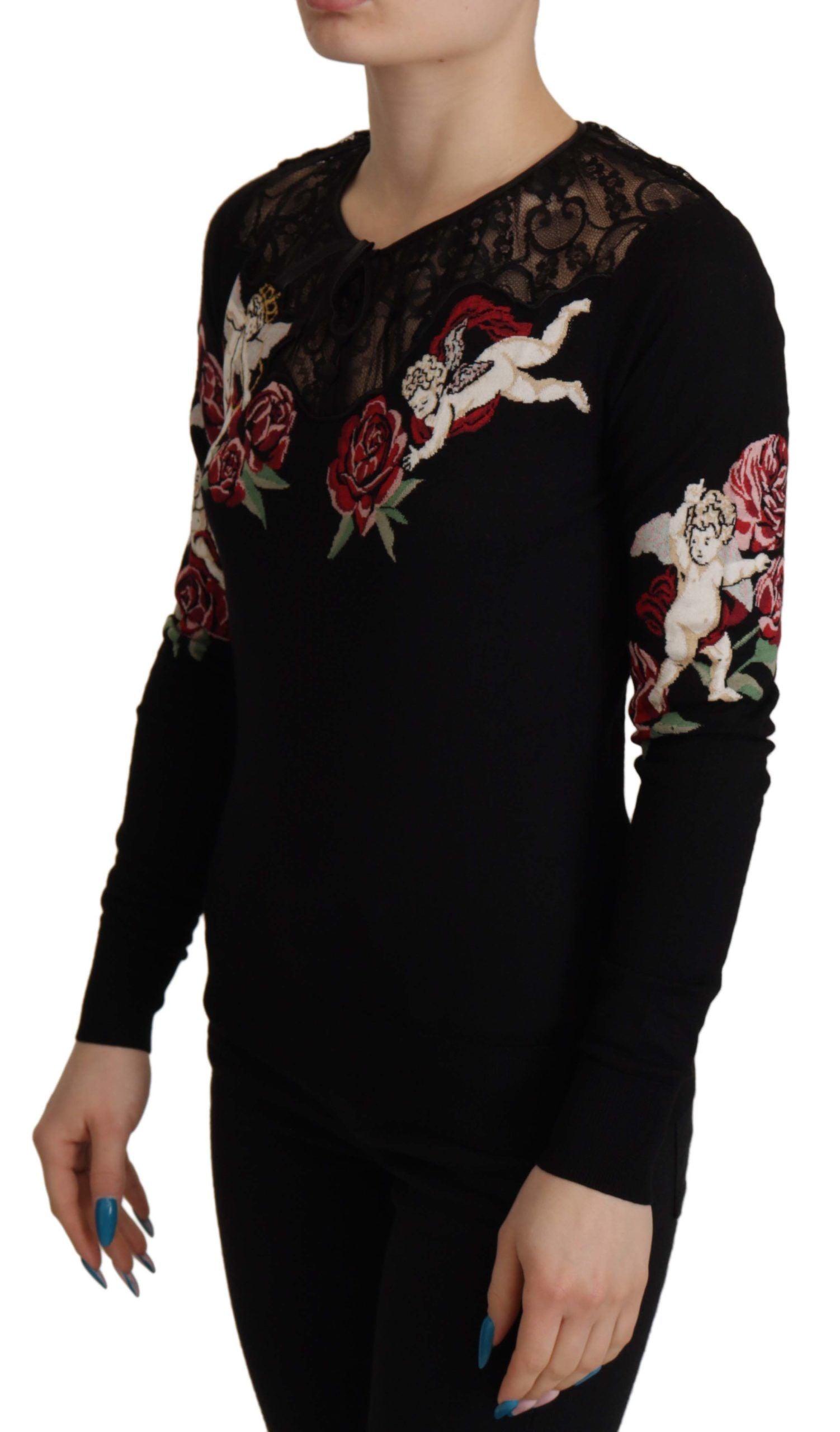 Dolce & Gabbana Black Lace Angel Roses Cardigan Sweater