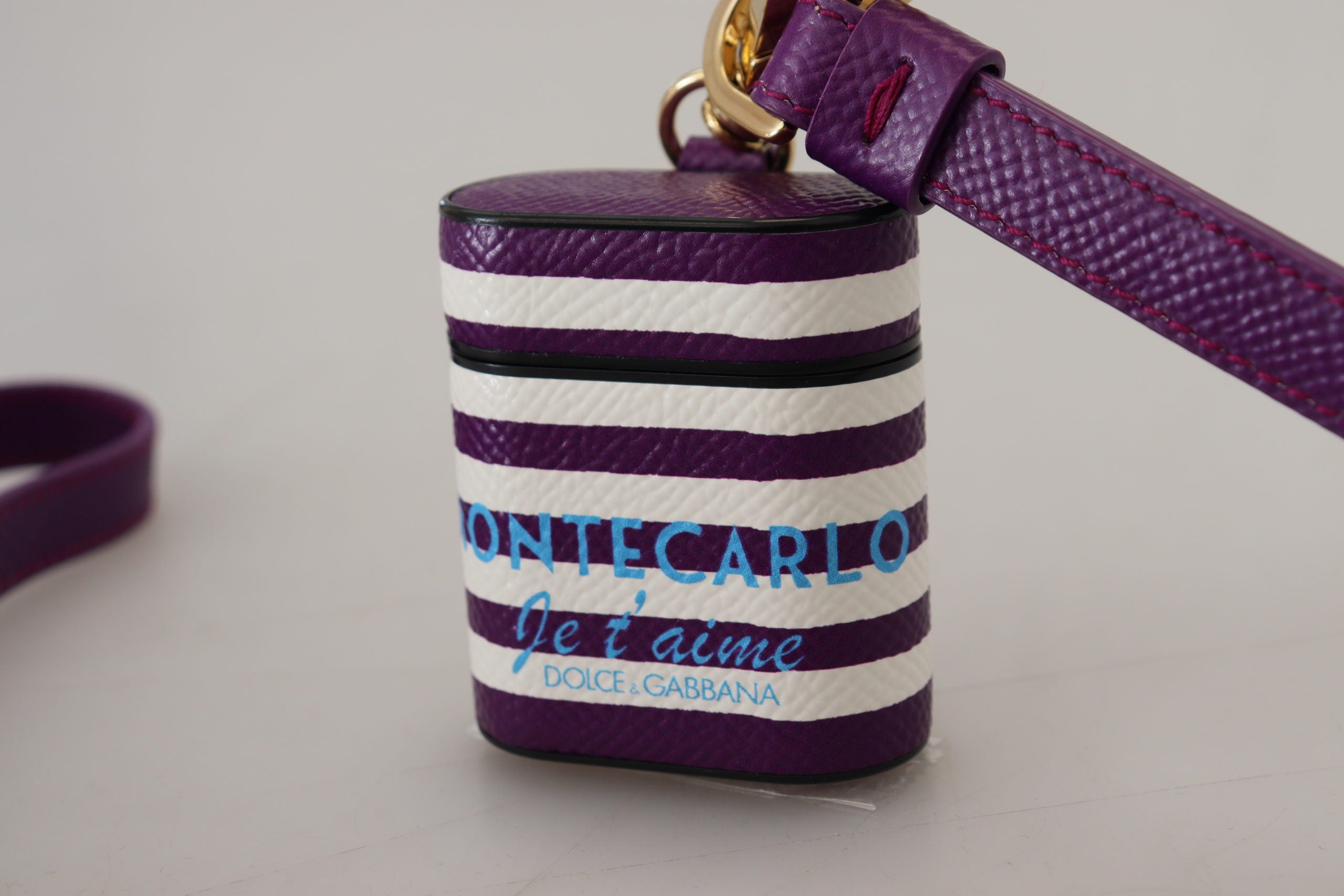 Dolce & Gabbana Purple Leather Strap Gold Metal Logo Airpods Case