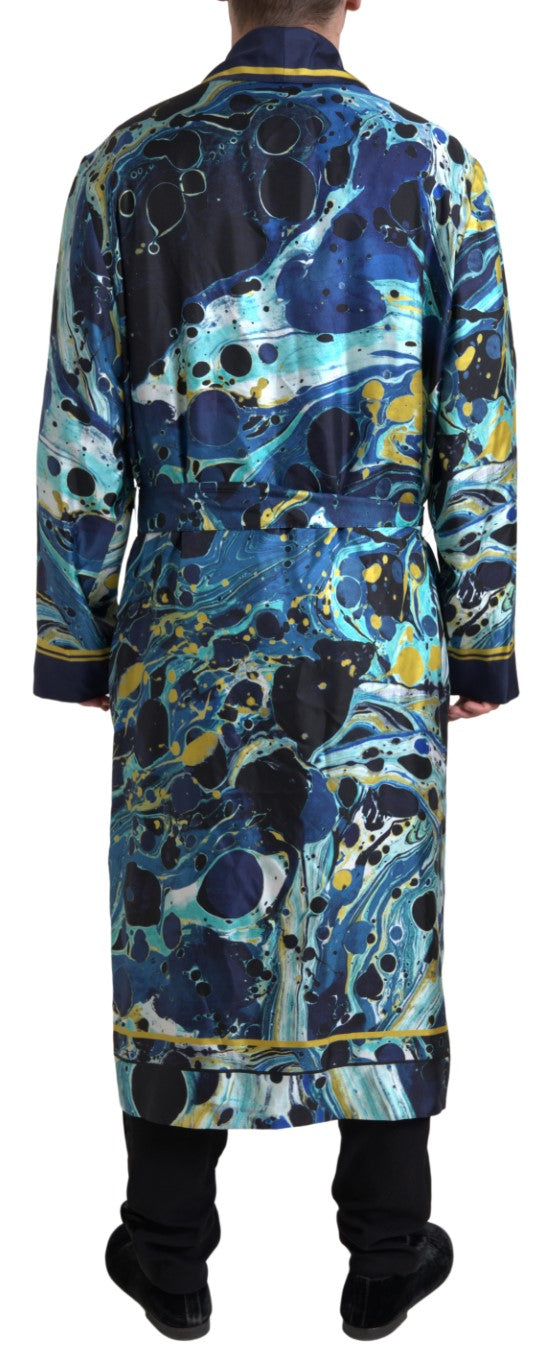 Dolce & Gabbana Marble Blue Silk Long Robe Luxury Sleepwear