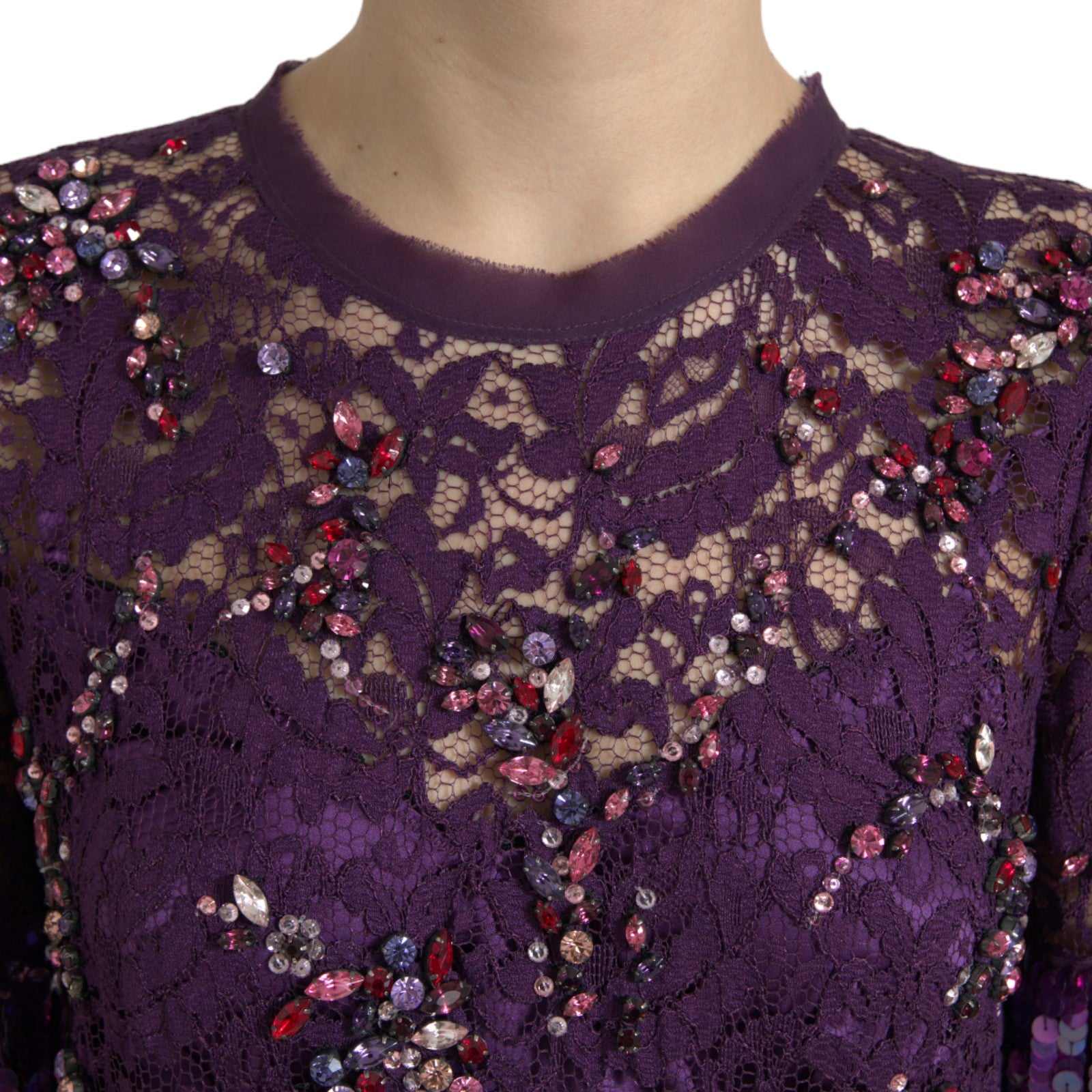 Dolce & Gabbana Elegant Purple Floral Lace Crystal Dress