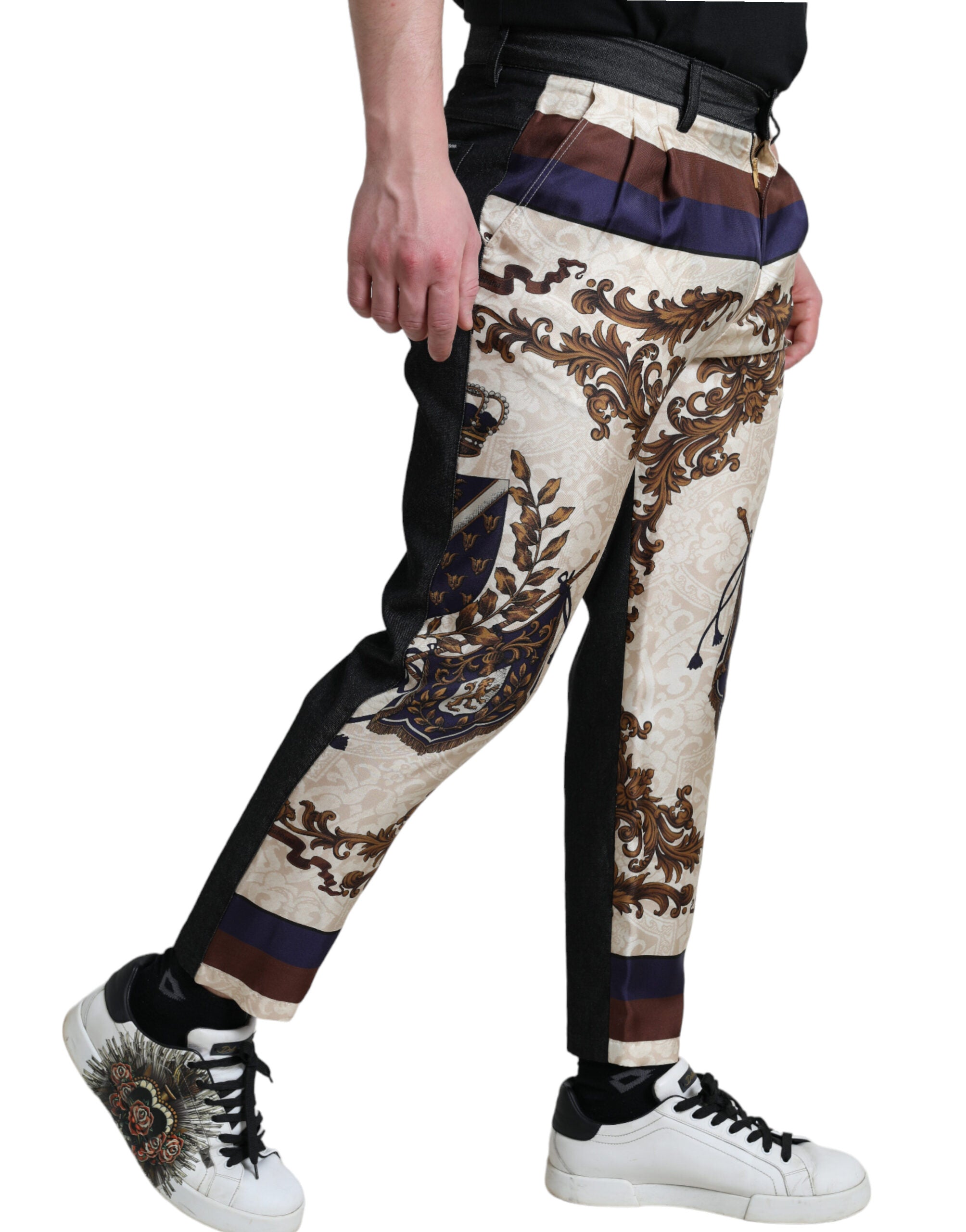 Dolce & Gabbana Elegant Silk Skinny Pants with Heraldic Print