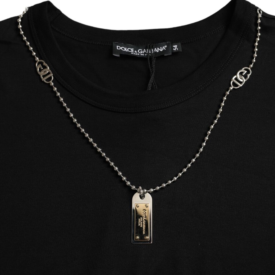 Dolce & Gabbana Elegant Black Cotton Crewneck Tee with Dog Tag Detail