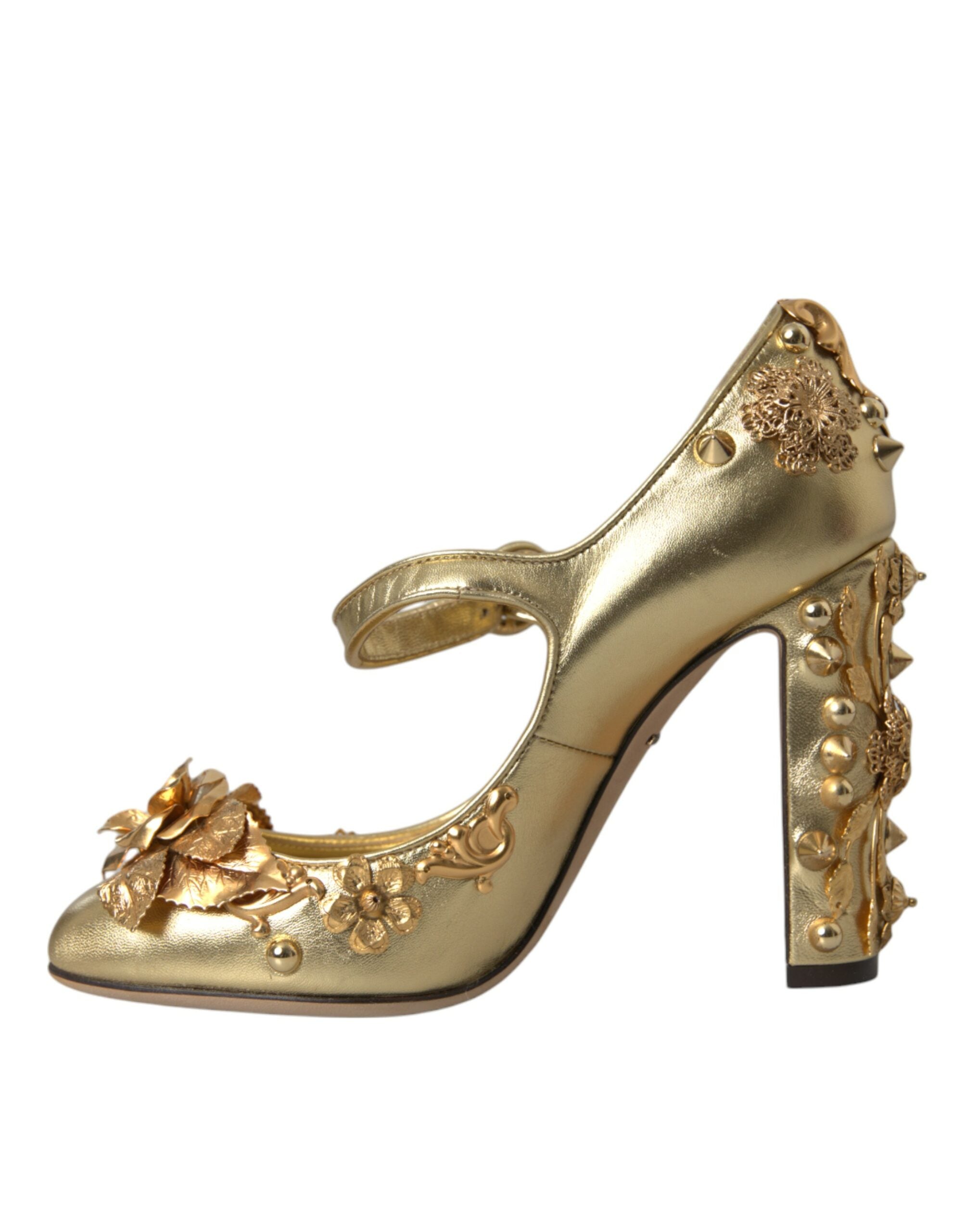 Dolce & Gabbana Gold Leather Crystal Mary Janes Pumps Shoes