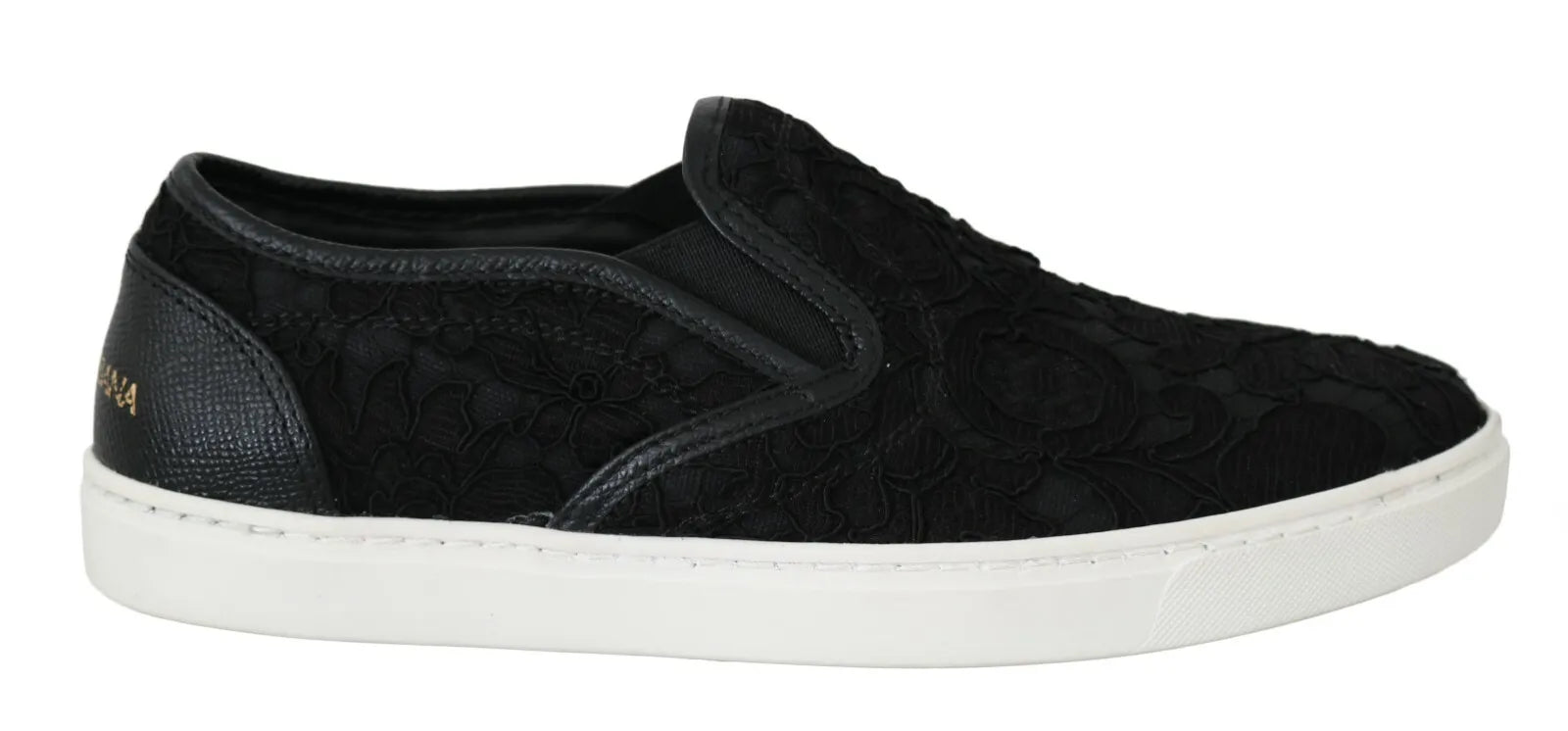 Dolce & Gabbana Black Lace Leather Logo Flat Slip-On Sneakers