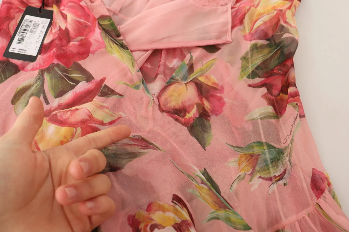 Dolce & Gabbana Pink Silk Floral Print Layered Maxi Dress