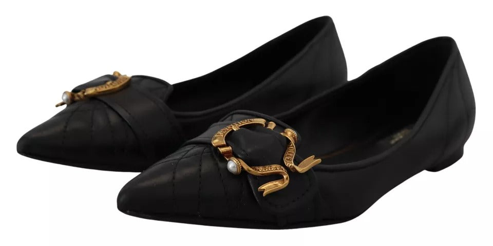 Dolce & Gabbana Black Devotion Leather Pointy Flats Shoes