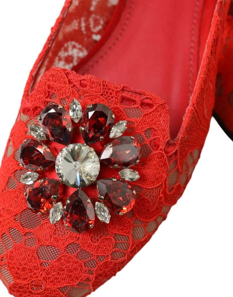 Dolce & Gabbana Red Lace Crystal Ballet Loafers Shoes