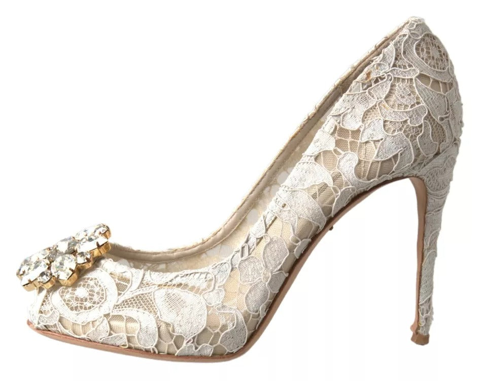 Dolce & Gabbana White Taormina Lace Crystal Heels Pumps Shoes