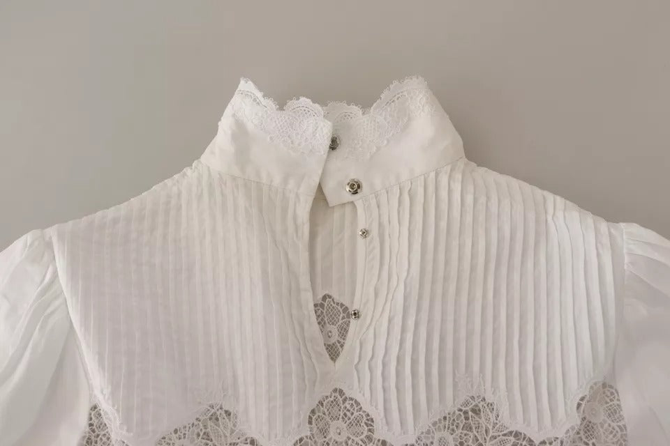 Dolce & Gabbana White Cotton Lace Trim Turtle Neck Blouse Top