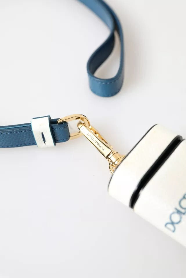 Dolce & Gabbana White Blue Calf Leather Logo Print Strap Airpods Case