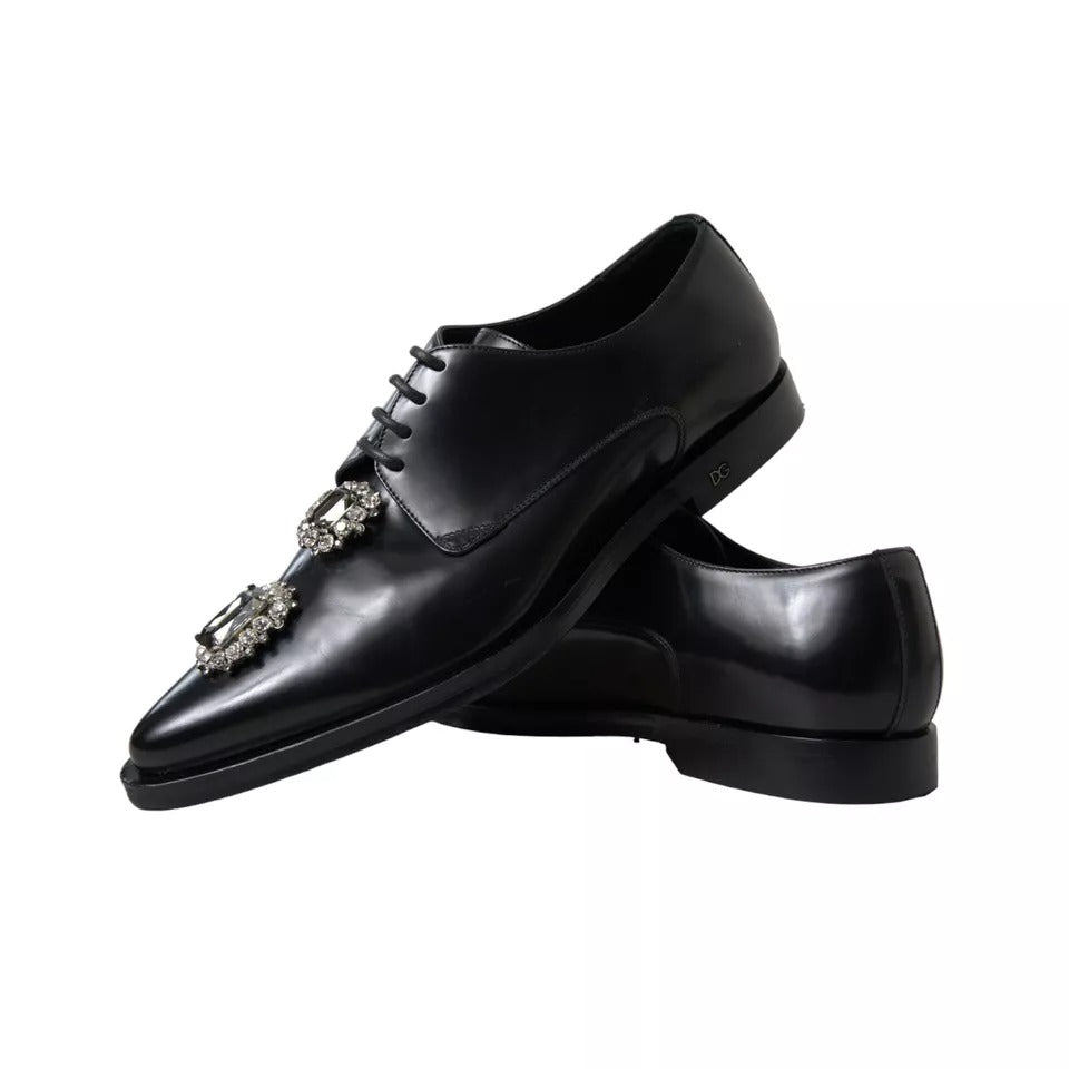 Dolce & Gabbana Black Leather Crystal Lace Up Formal Shoes