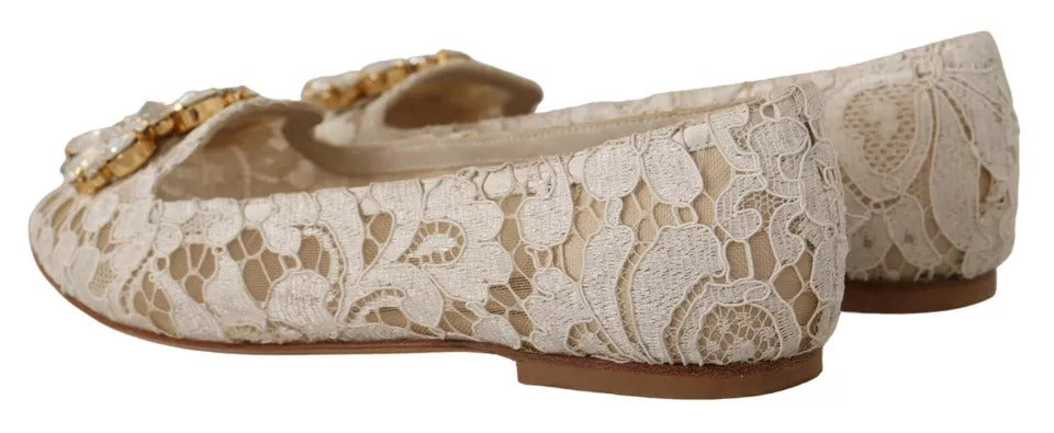 Dolce & Gabbana Beige Lace Crystal Ballet Flats Loafers Shoes