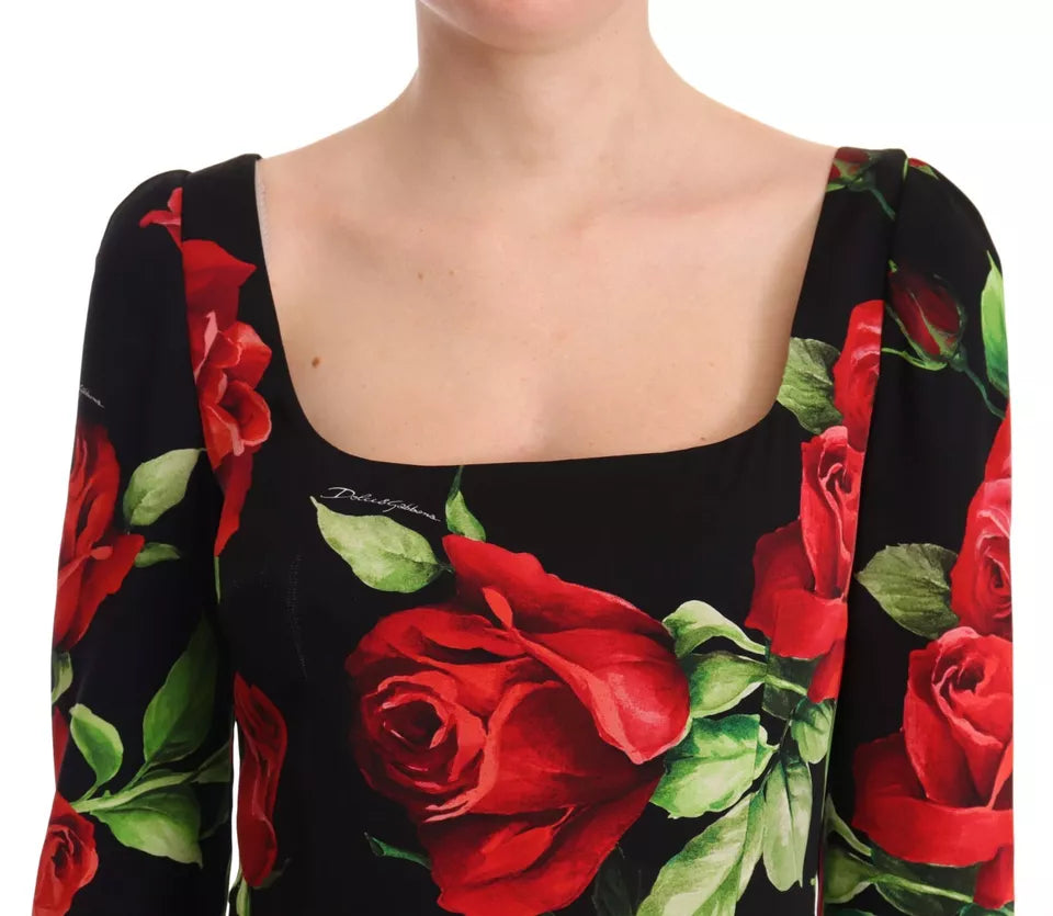 Dolce Gabbana Black Red Roses Sheath Silk Stretch Dress