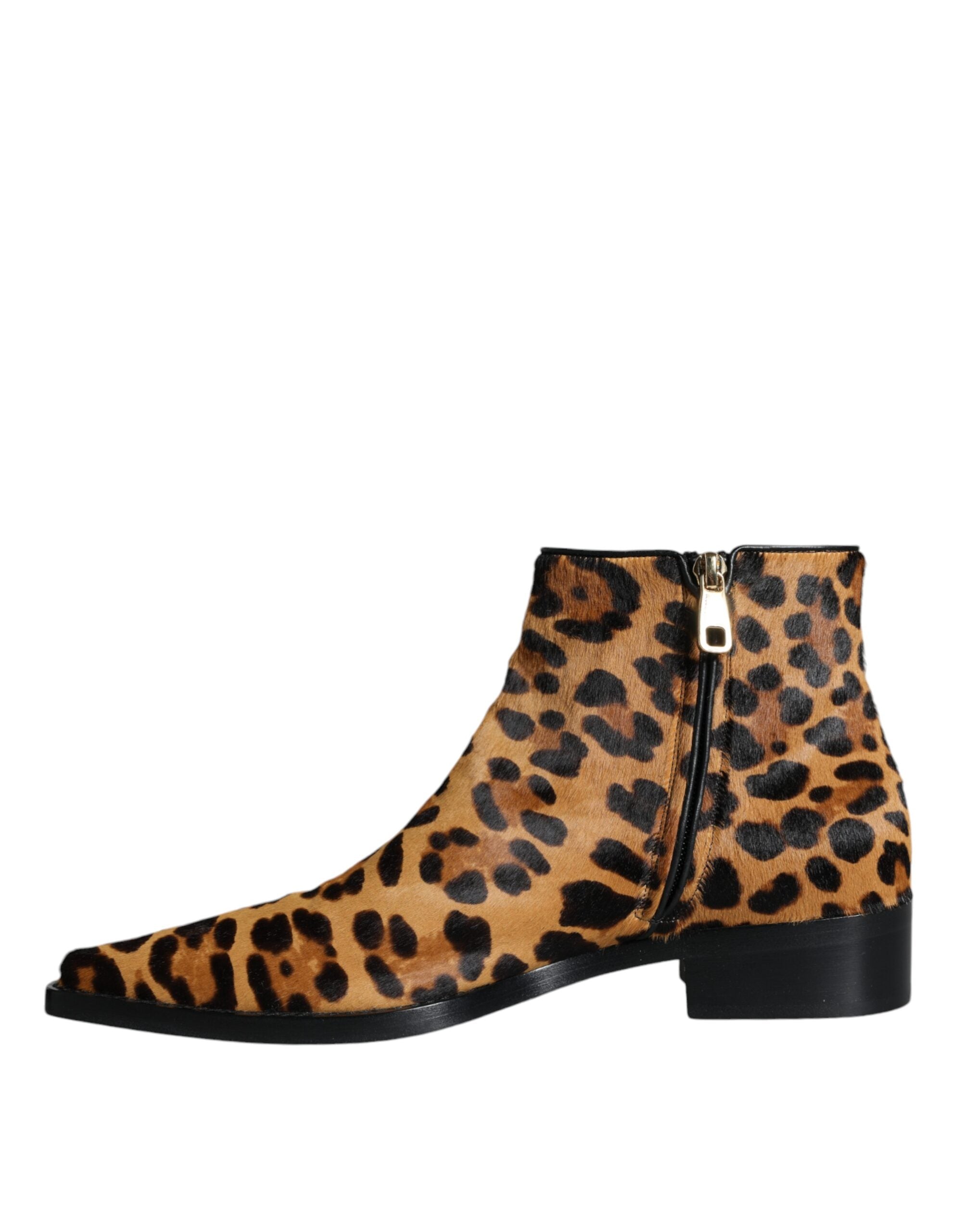 Dolce & Gabbana Brown Leopard Calf Fur Ankle Boots Shoes