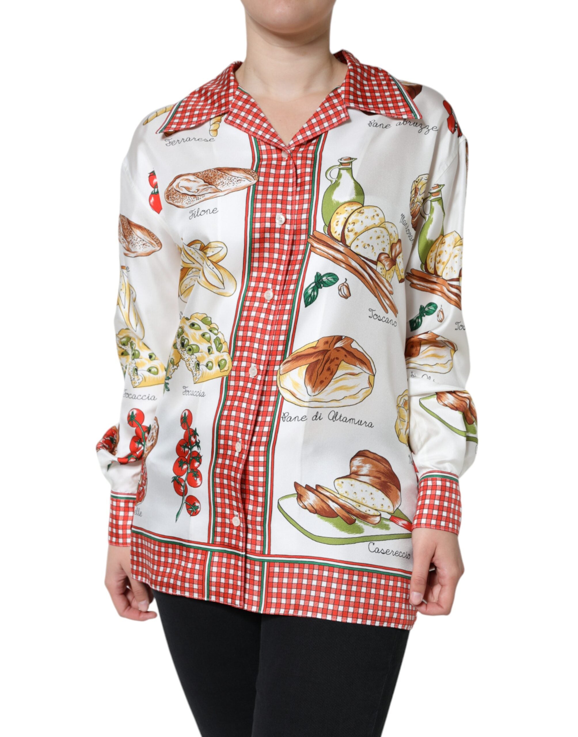 Dolce & Gabbana Multicolor Bread Print Collared Blouse Top