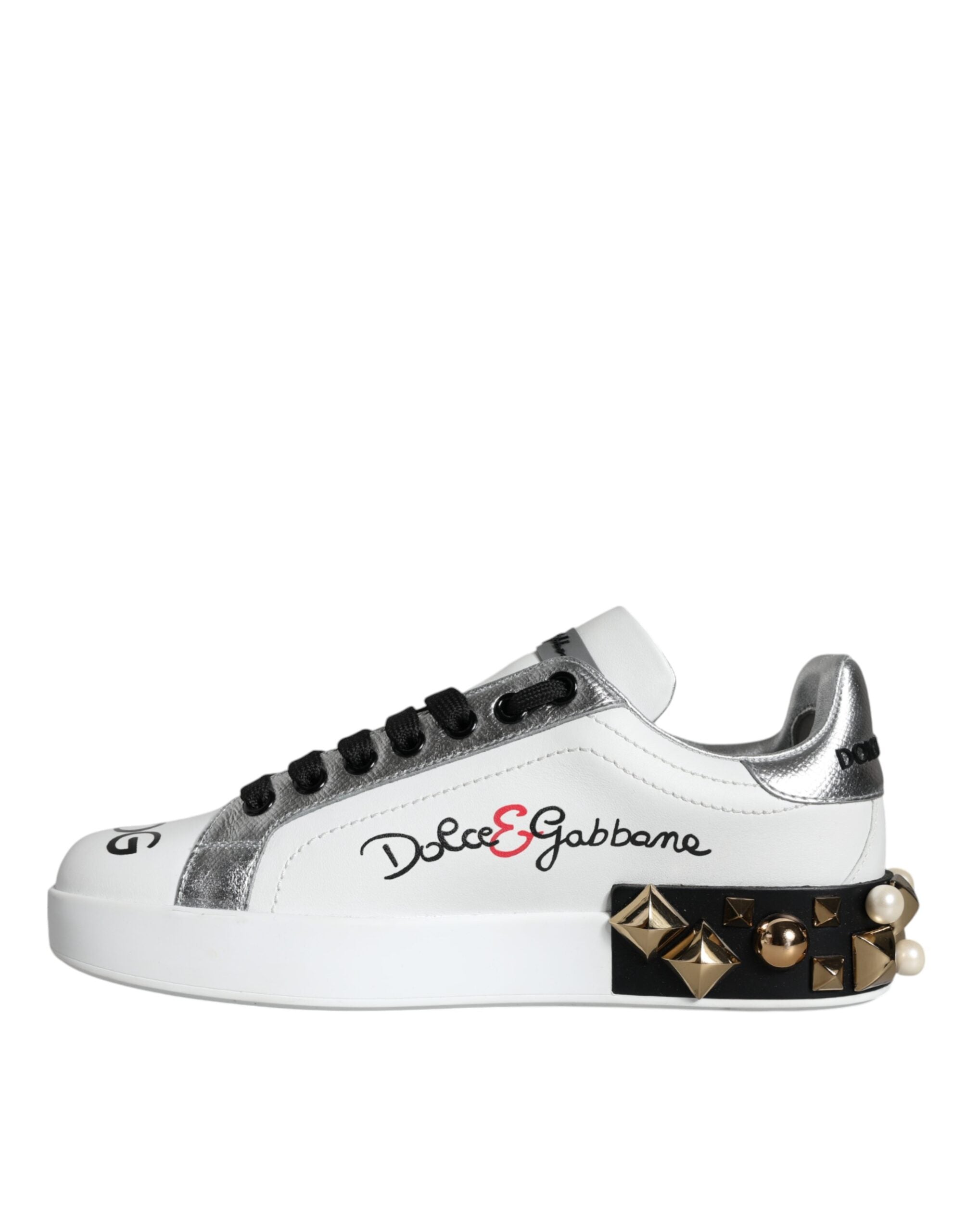 Dolce & Gabbana White Leather Floral Studded Sneakers Shoes