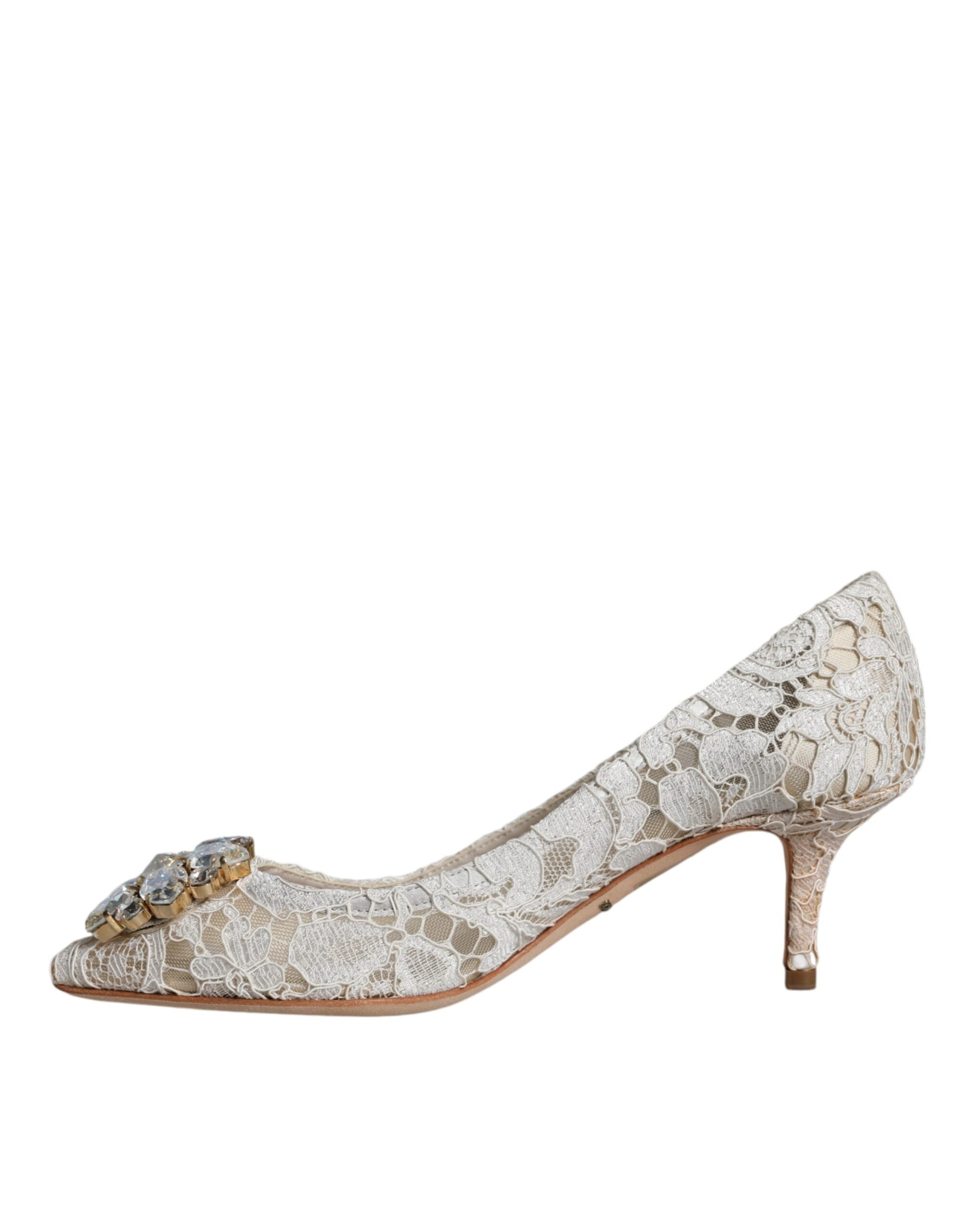 Dolce & Gabbana White Taormina Lace Crystal Heel Pumps Shoes