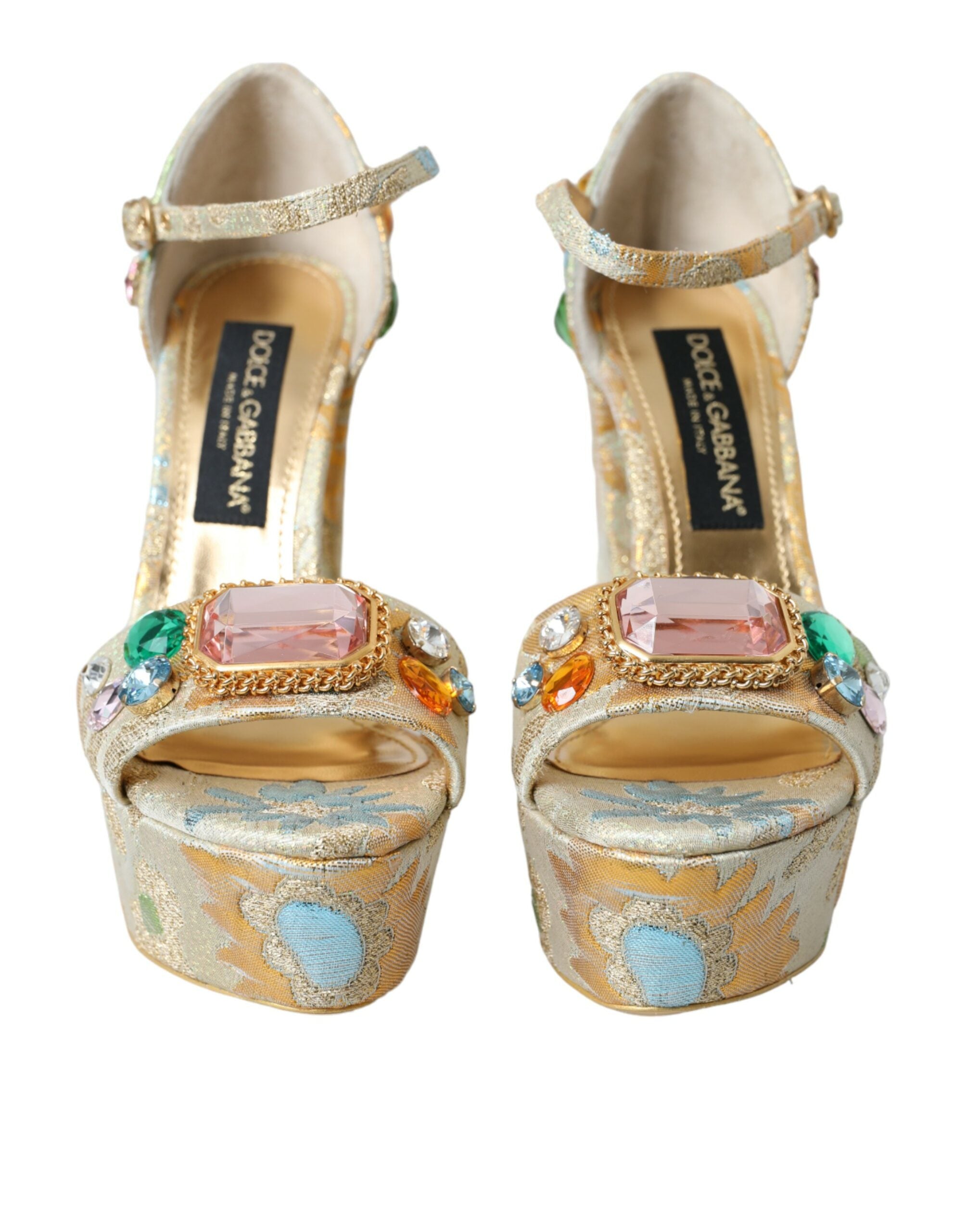 Gold Floral Jacquard Crystal Sandals Shoes