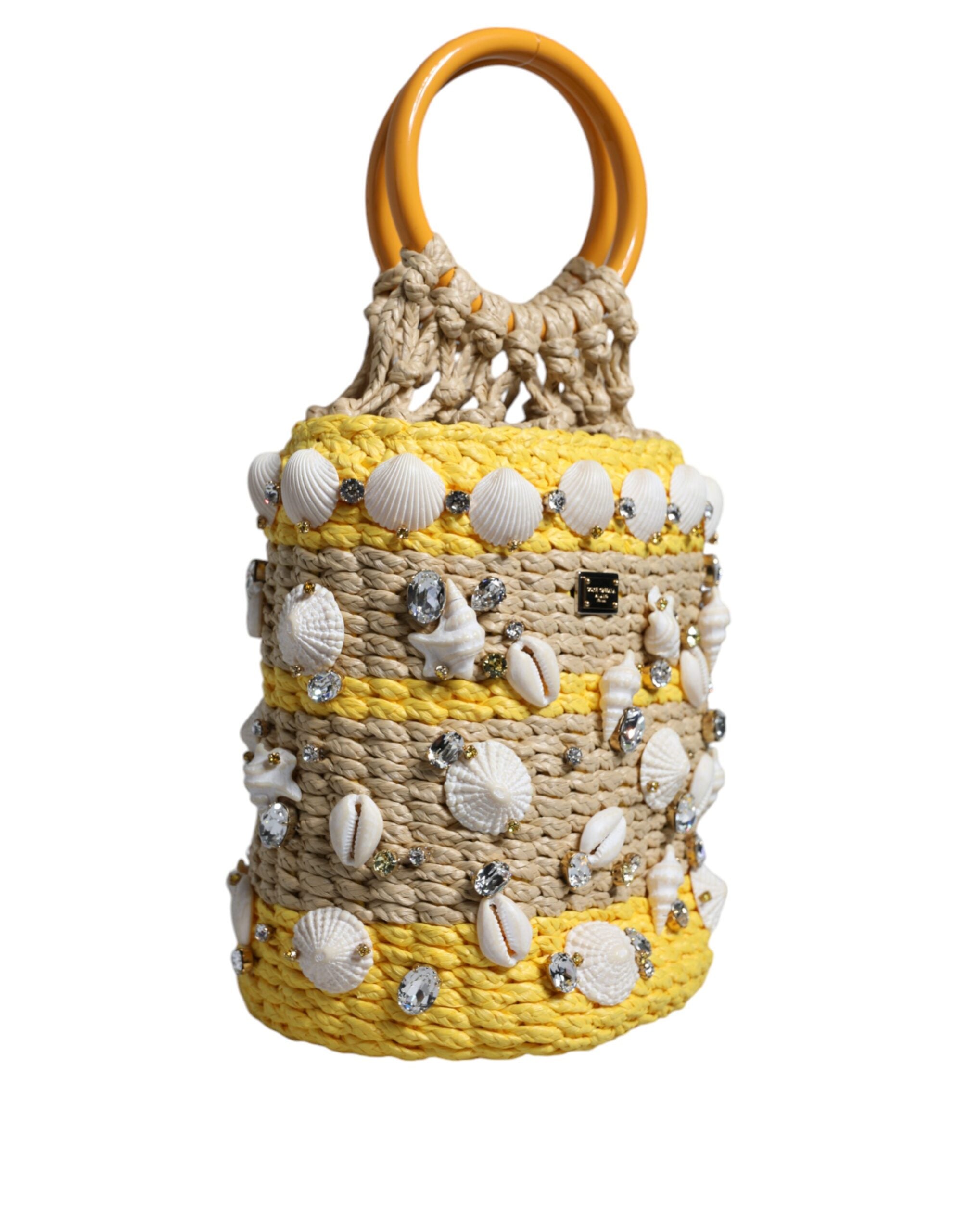 Dolce & Gabbana Beige Yellow Rafia Seashells Crystal Bucket Bag