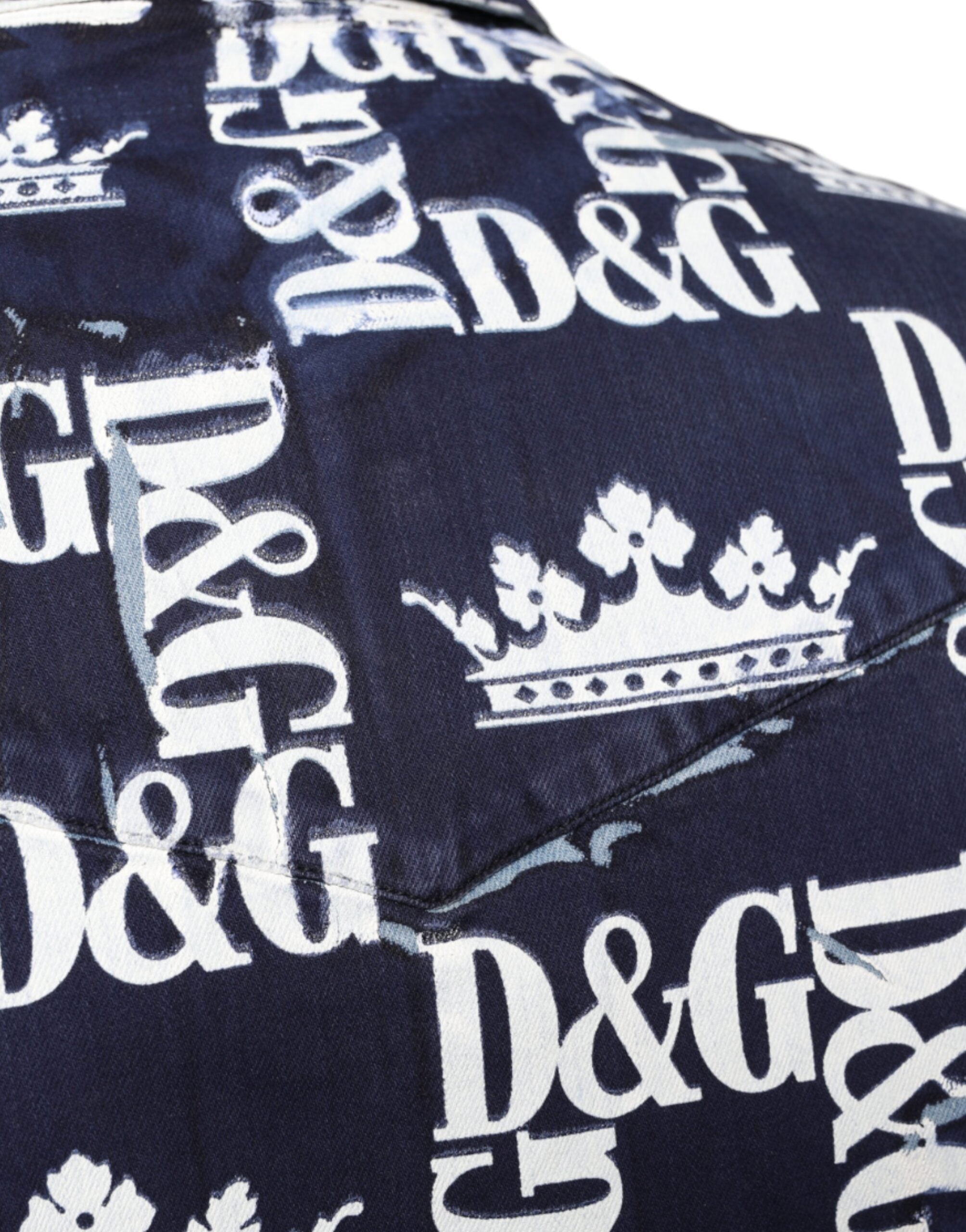 Dolce & Gabbana Blue Crown Logo Print Slim Fit Cotton Shirt