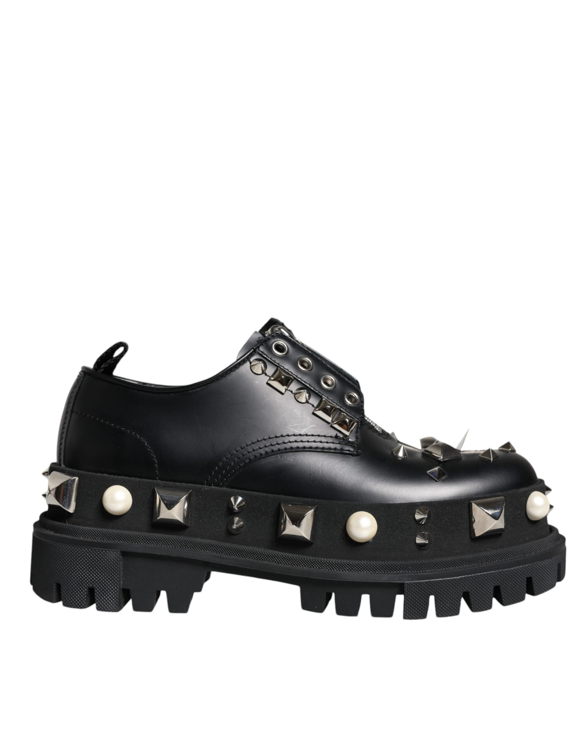 Dolce & Gabbana Black Leather Embellished Derby Formal Shoes