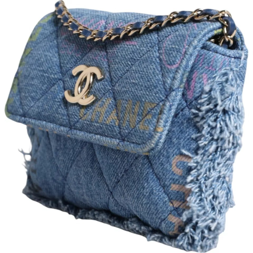 Chanel Denim Mood Flap Micro Logo Printed Fringed Shoulder Bag