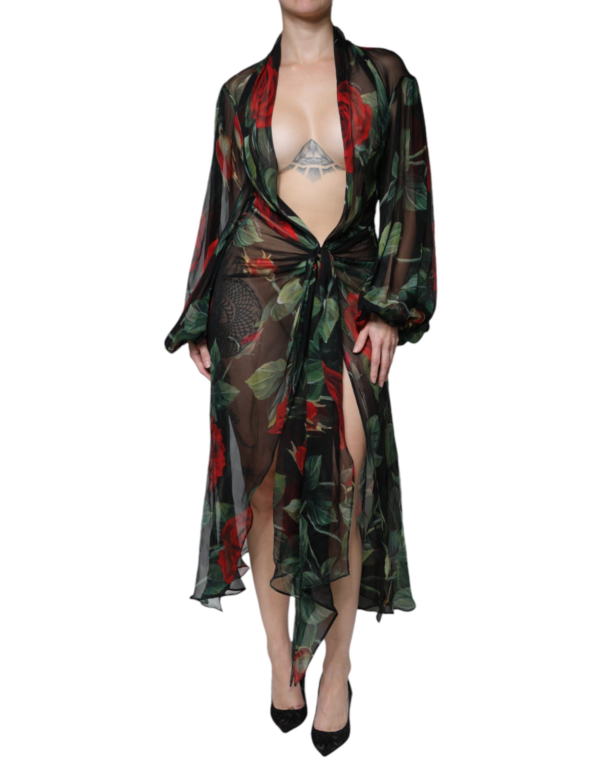 Dolce & Gabbana Black Floral Silk Wrap See Through Dress