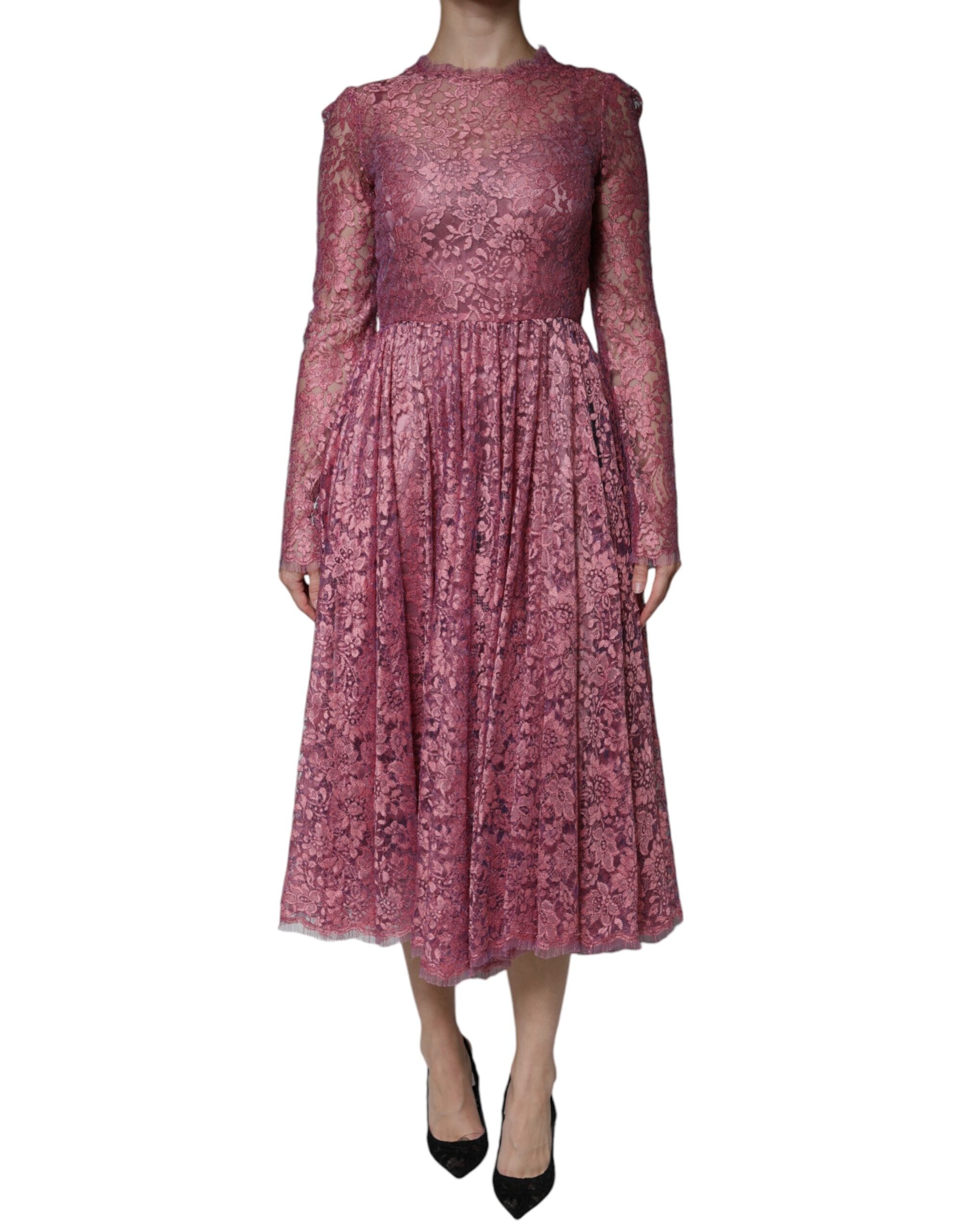 Dolce & Gabbana Fuchsia Floral Lace Long Sleeve Maxi Dress