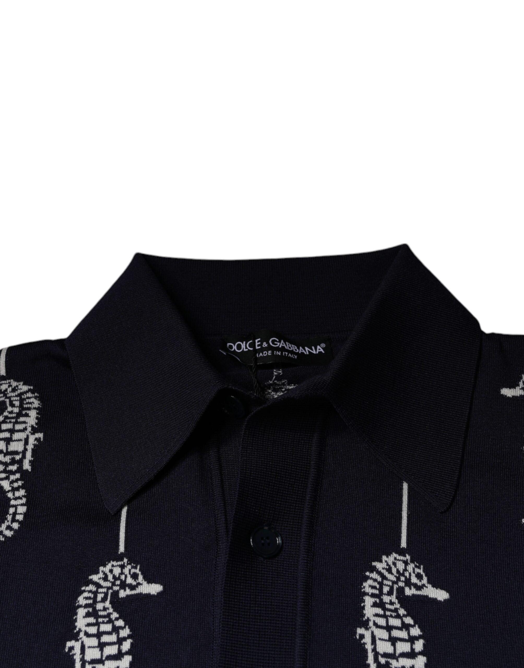 Dolce & Gabbana Dark Blue Sea Horse Collared Polo T-shirt