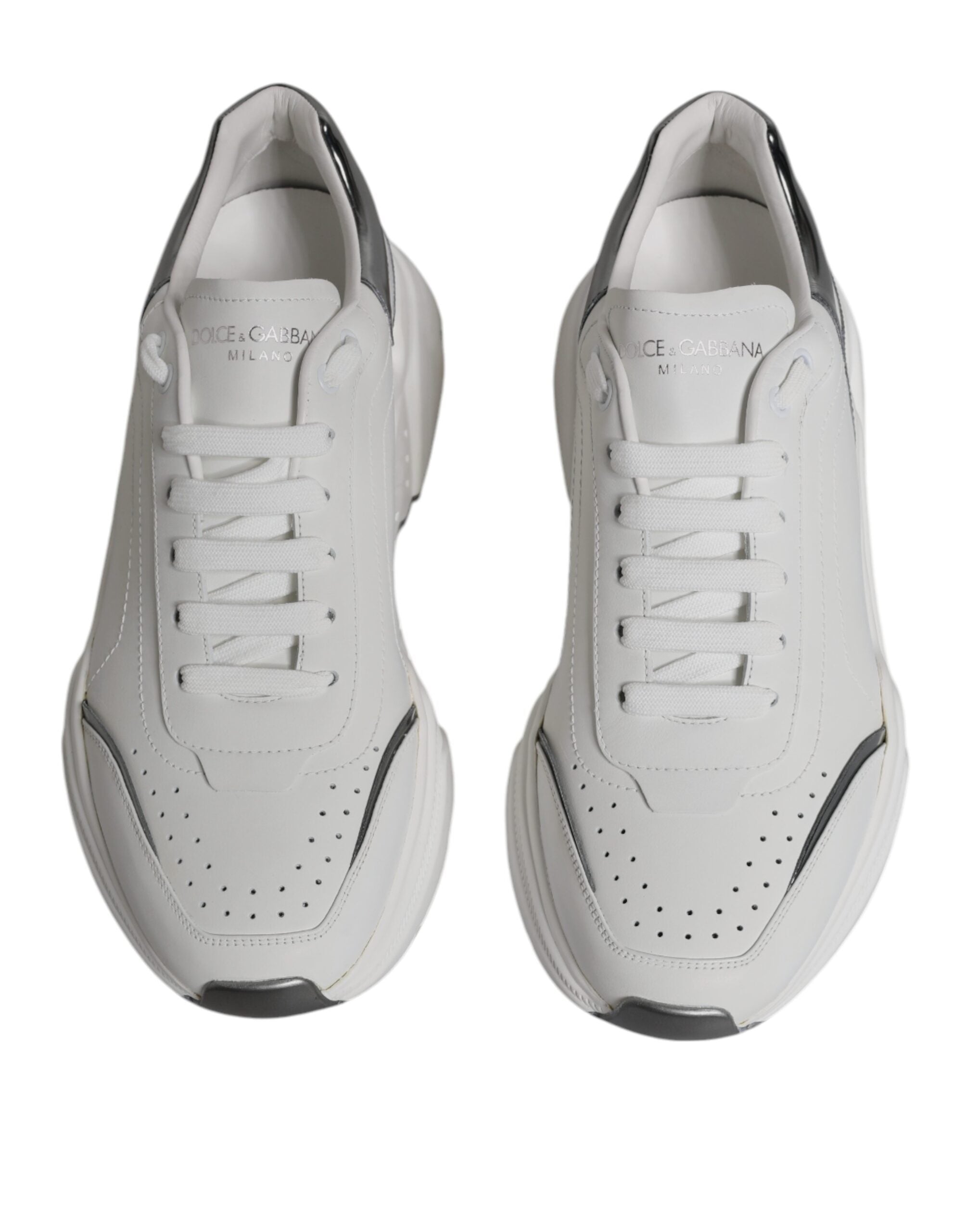 Dolce & Gabbana White Silver DAYMASTER Leather Sneakers Shoes