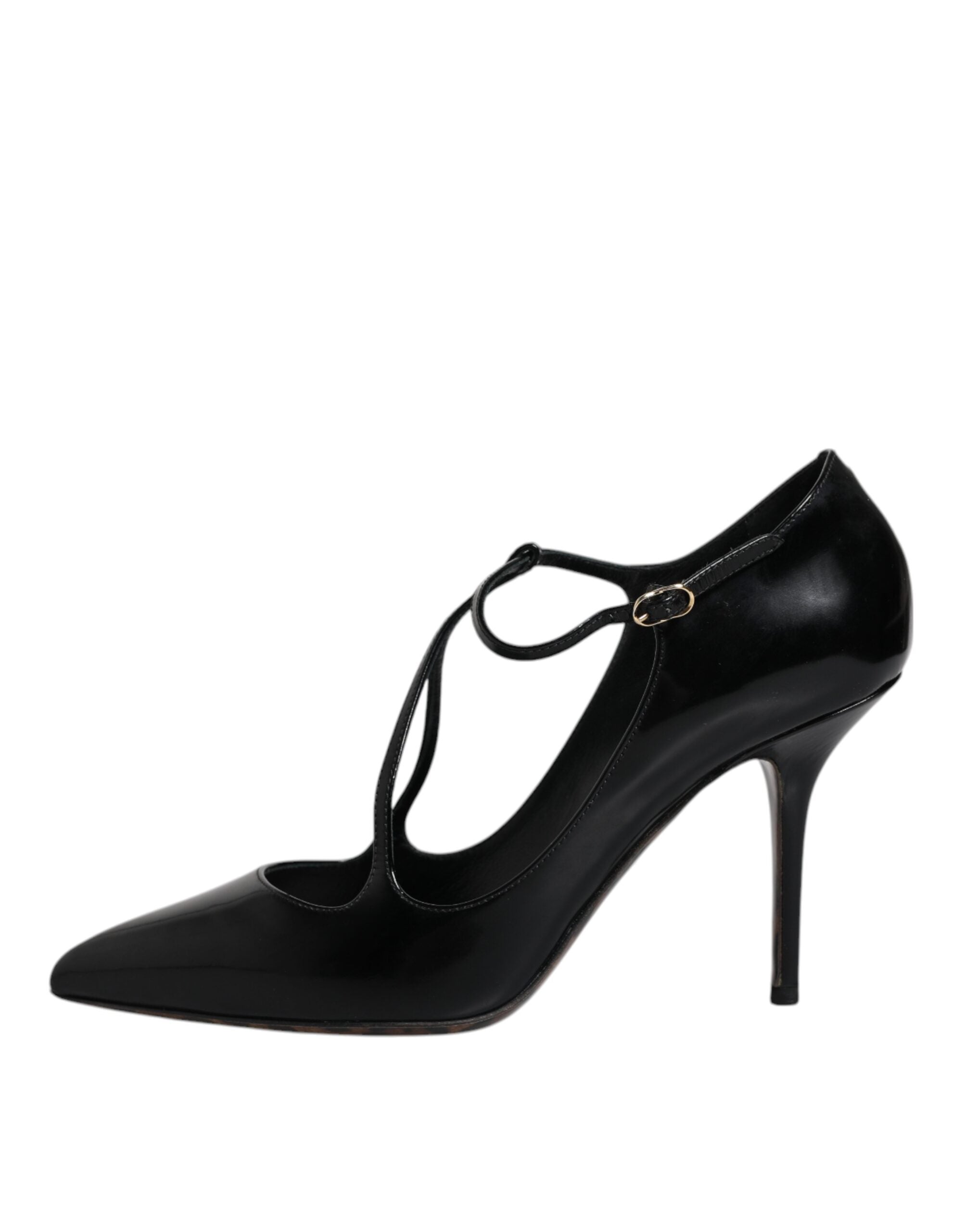 Dolce & Gabbana Black Leather T-strap Stiletto Heels Shoes