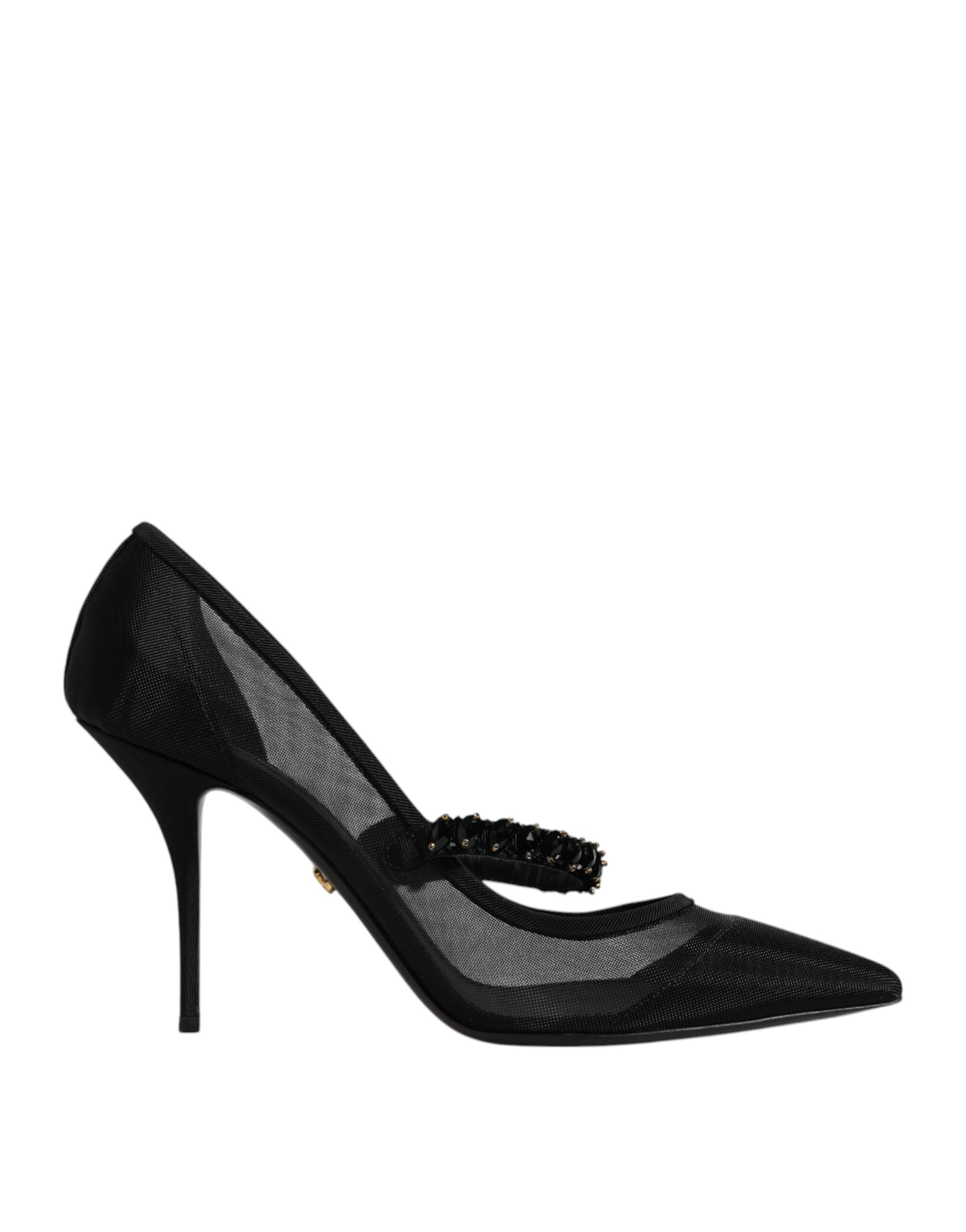 Dolce & Gabbana Black Mesh Mary Jane Crystal Heel Pump Shoes