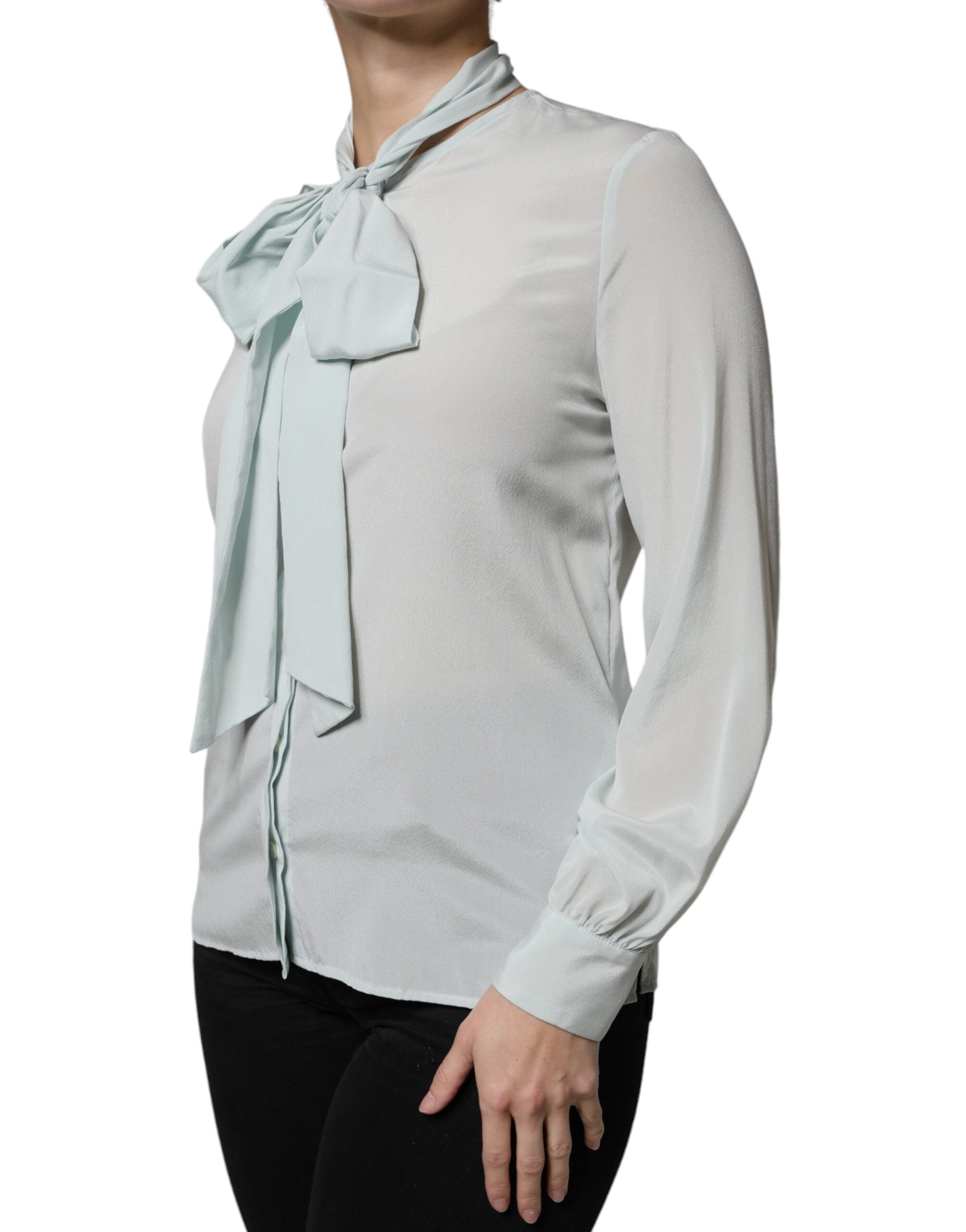 Ballantyne Light Blue Silk Ascot Collared Long Sleeves Top