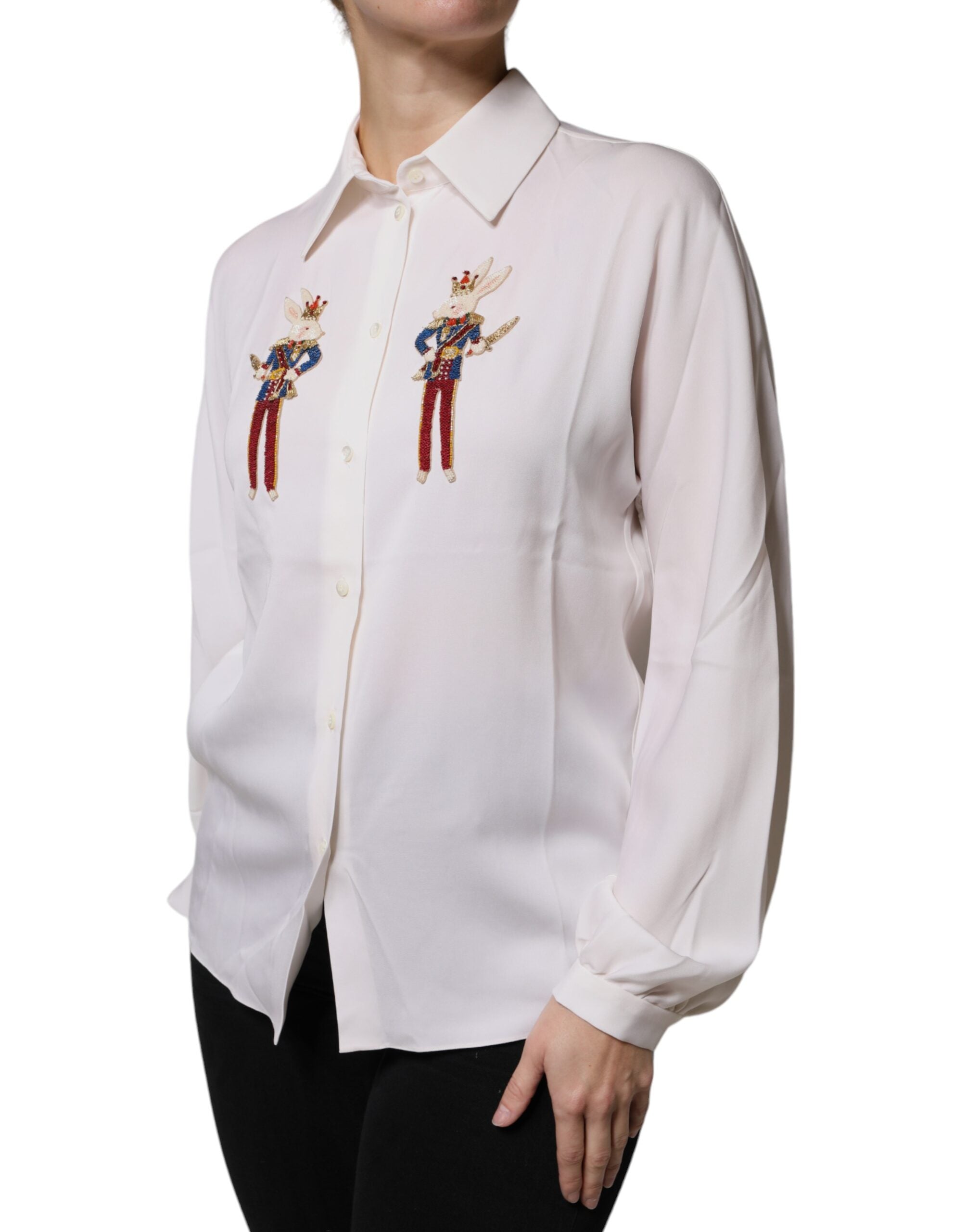 Dolce & Gabbana White Rabbit Patch Silk Collared Blouse Top