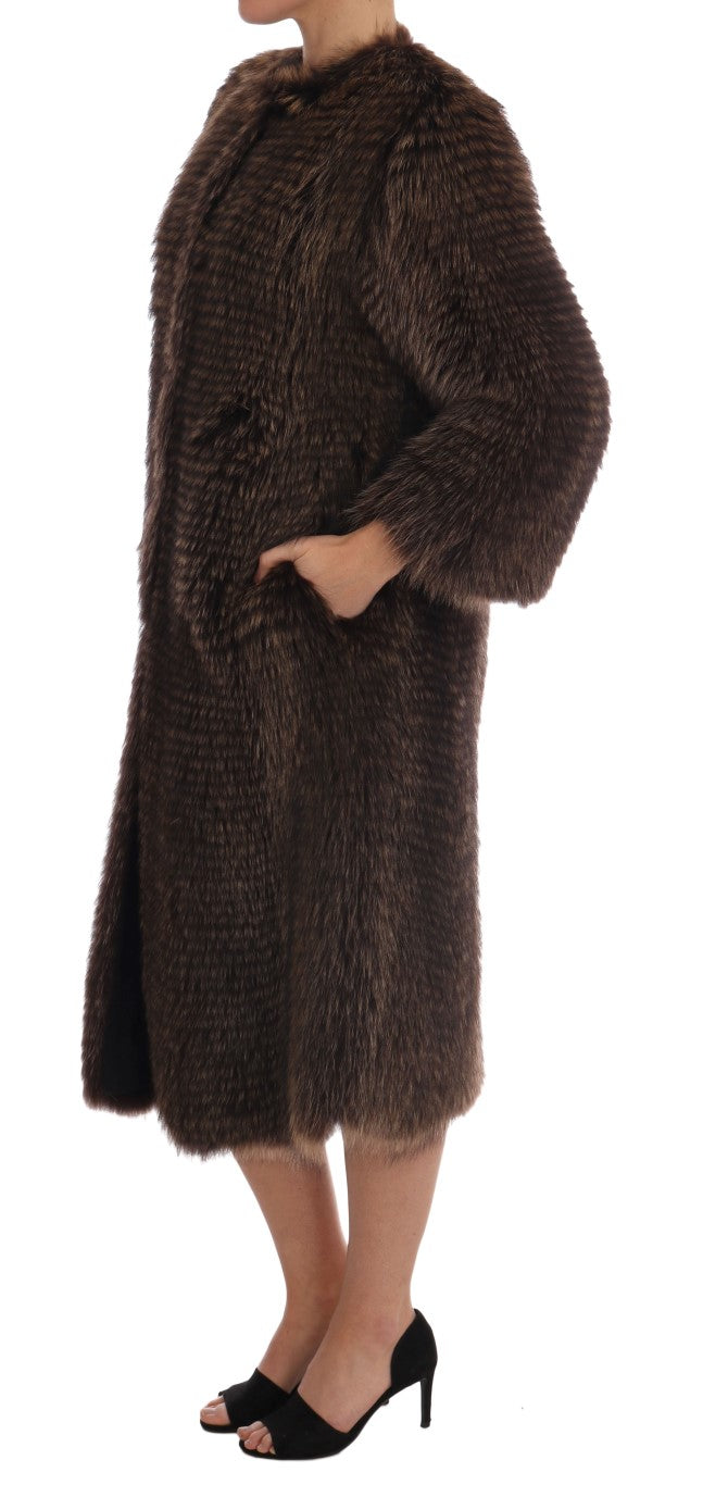 Dolce & Gabbana Elegant Brown Raccoon Fur Knee-Length Coat