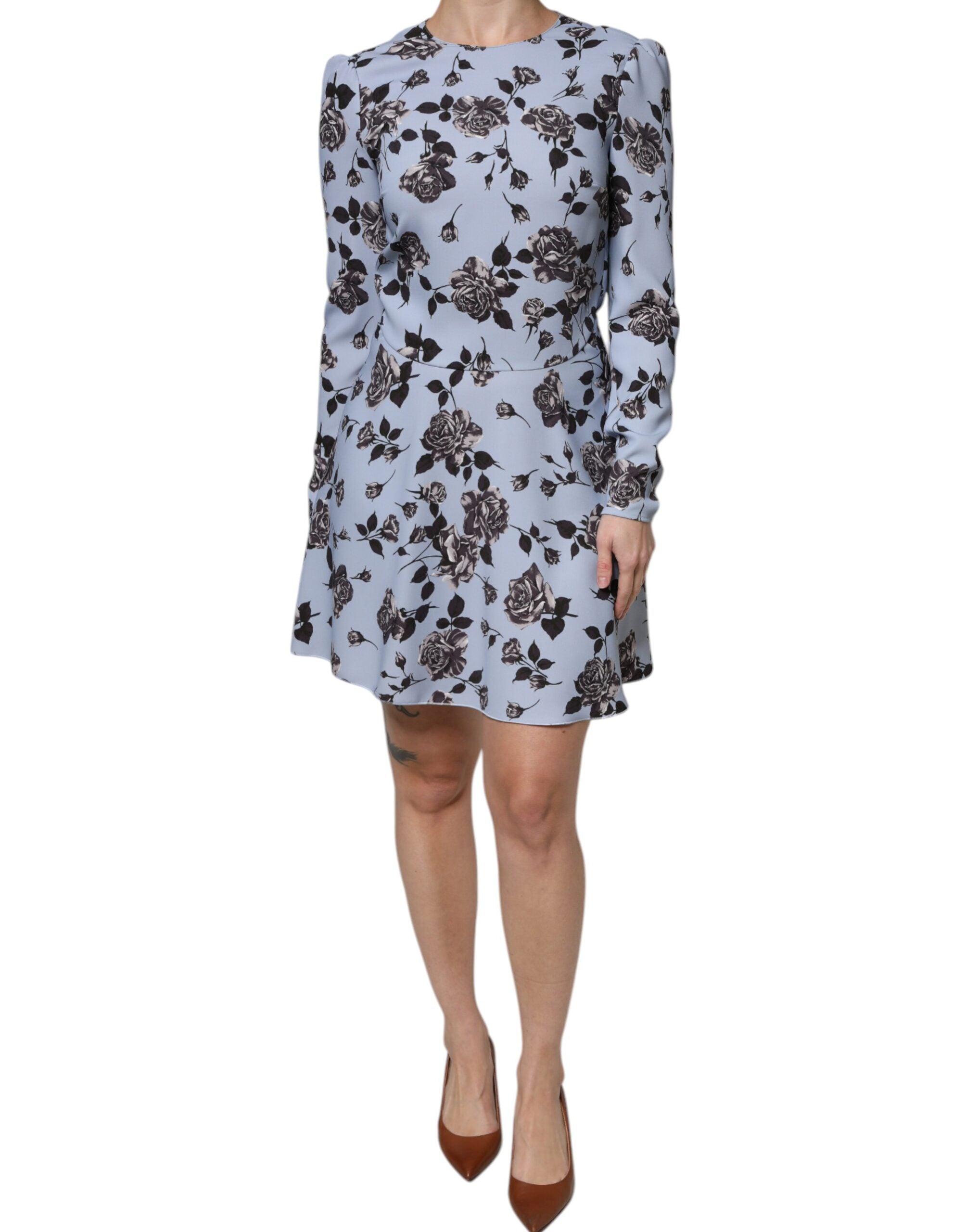 Valentino Light Blue Floral Long Sleeves A-line Mini Dress