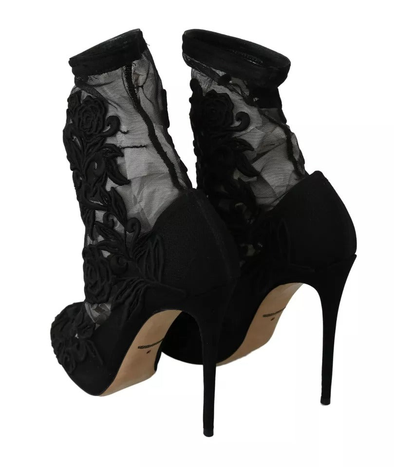 Dolce & Gabbana Black Tulle Stretch Floral Booties Shoes