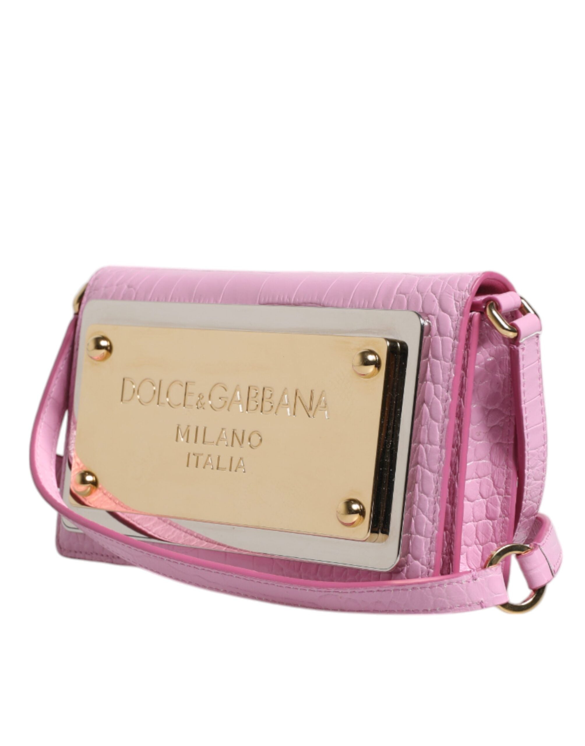 Dolce & Gabbana Pink Exotic Leather Logo Plaque Crossbody Bag