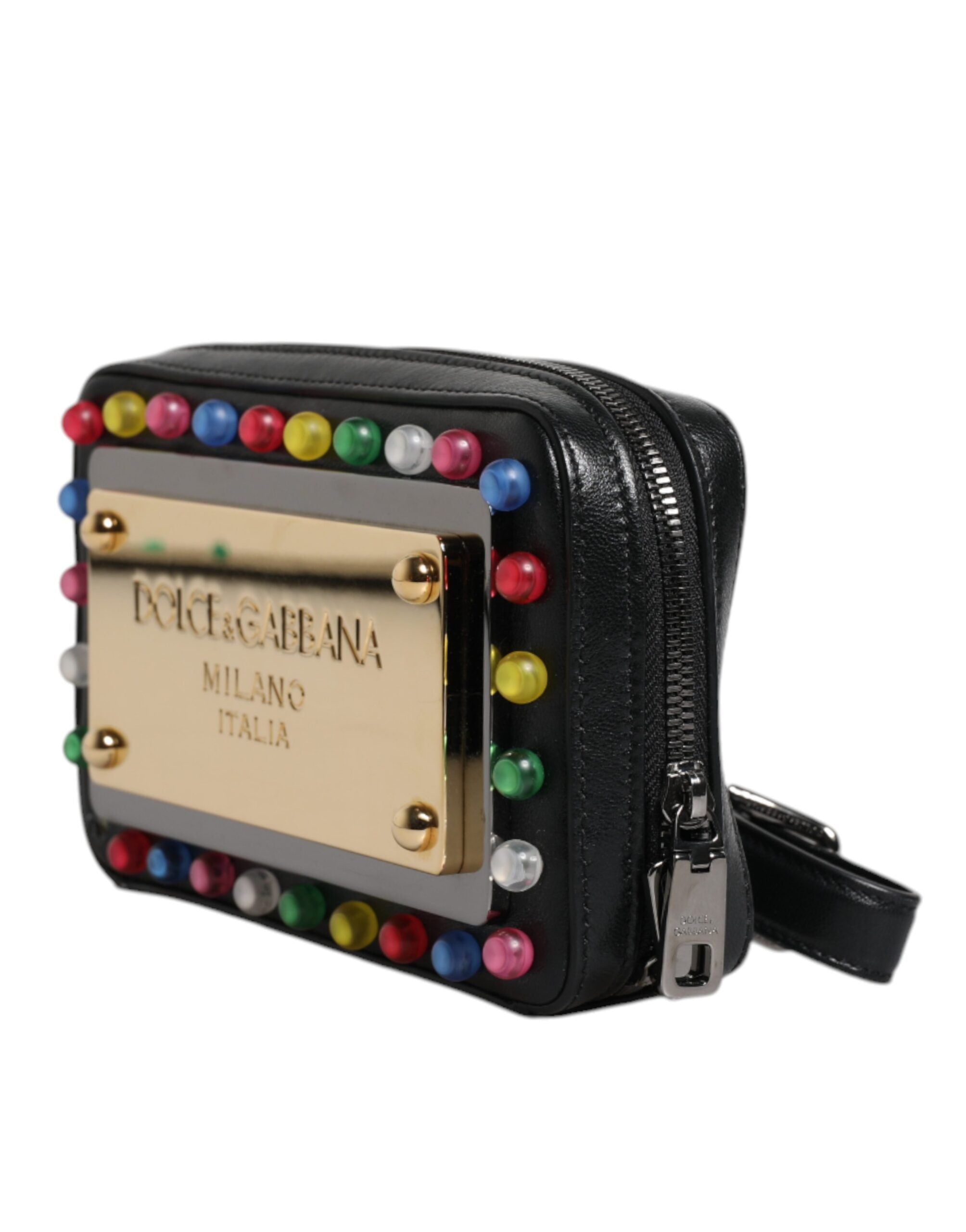 Dolce & Gabbana Black Leather LED Logo Wrist Strap Clutch Bag