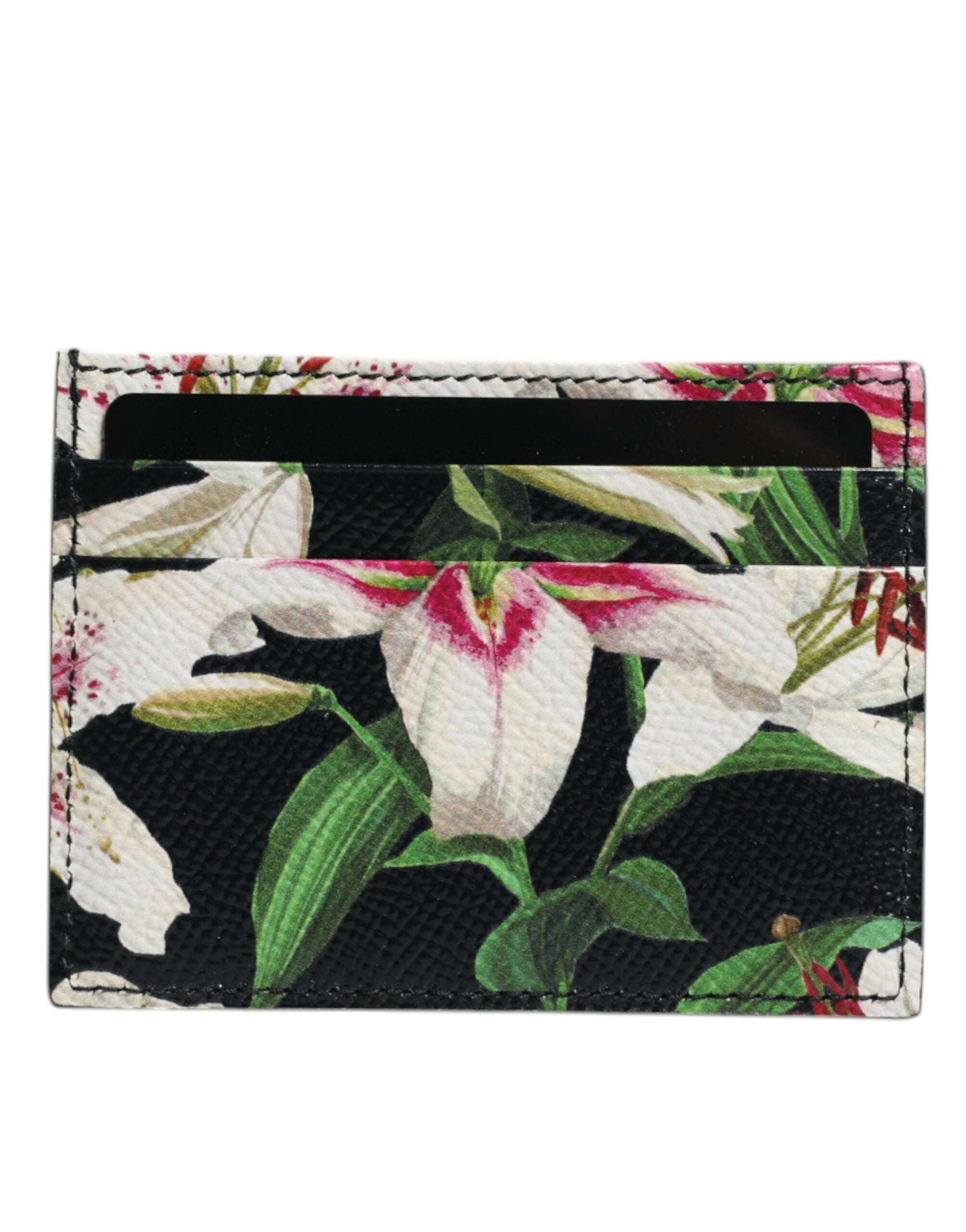 Dolce & Gabbana Black Floral Leather Card Holder DG Logo Plaque Wallet