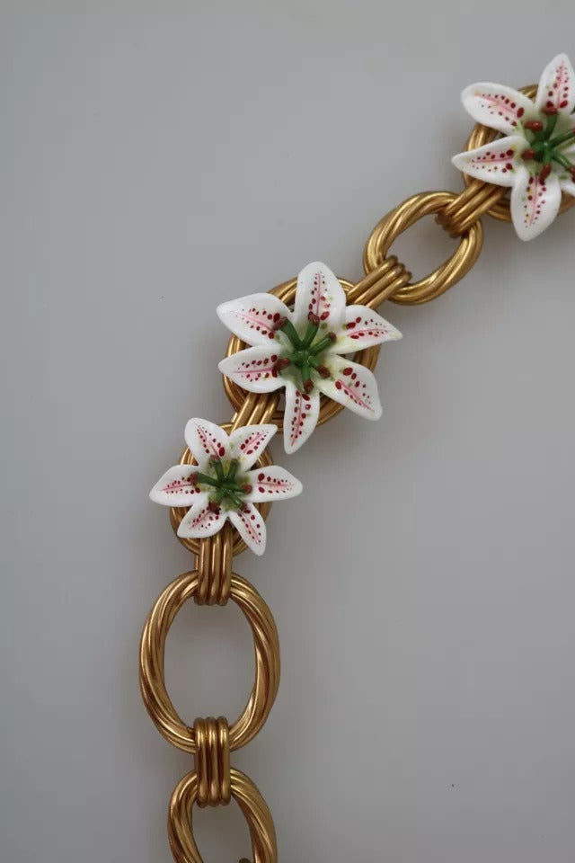 Dolce & Gabbana Gold Brass Oversize Chain LILY Flowers Necklace