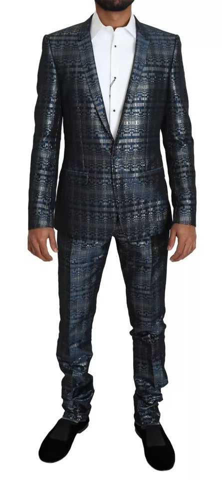 Dolce & Gabbana Blue Silver Shiny 2 Piece Slim GOLD Suit