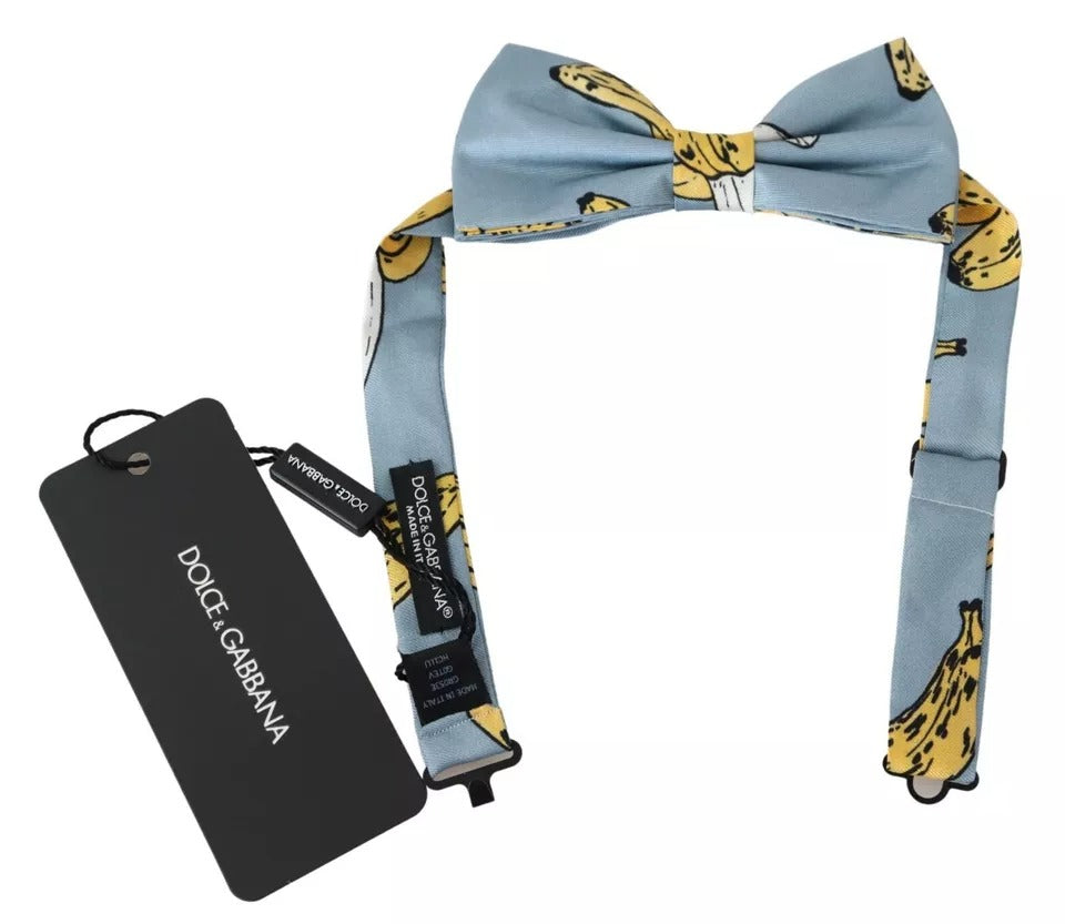 Dolce & Gabbana Light Blue Banana Print Silk Men Neck Bow Tie