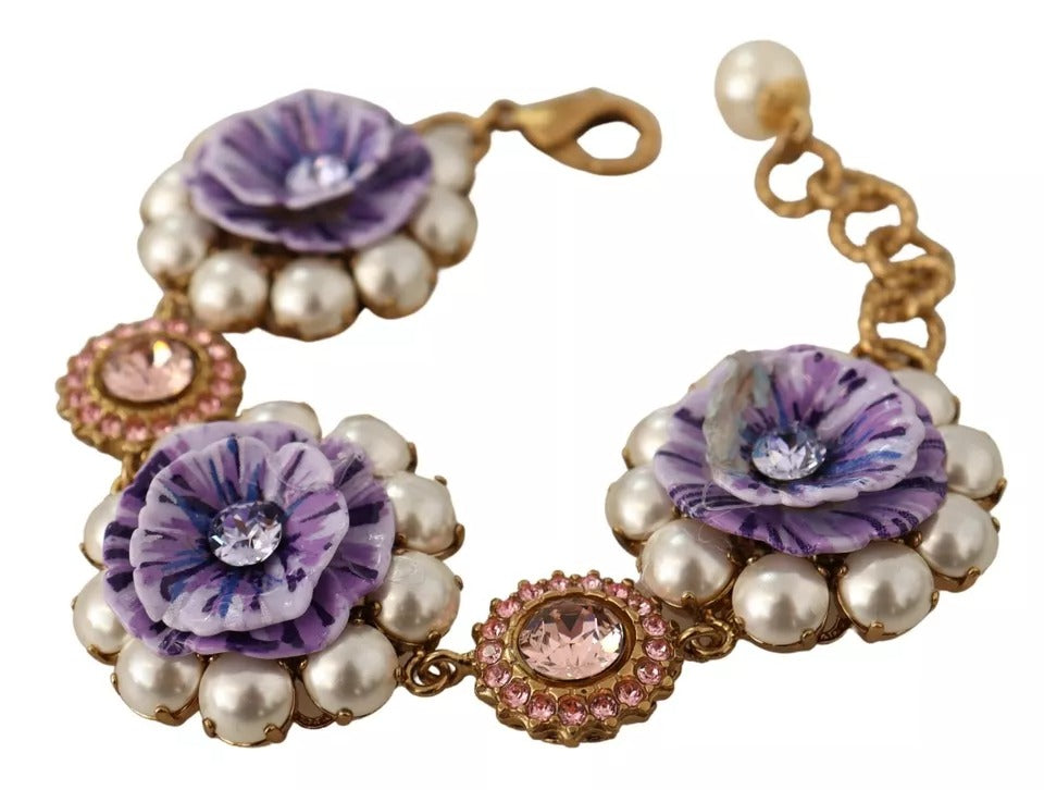 Dolce & Gabbana FIORI BLOOMING Floral Baroque Crystals Brass Bracelet