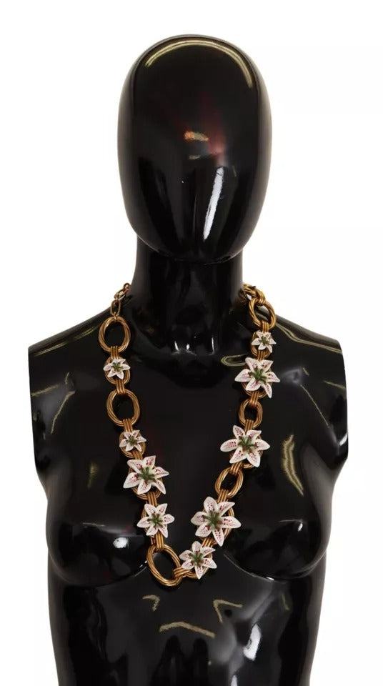 Dolce & Gabbana Gold Chain Lilium Floral Choker Statement Jewelry Necklace