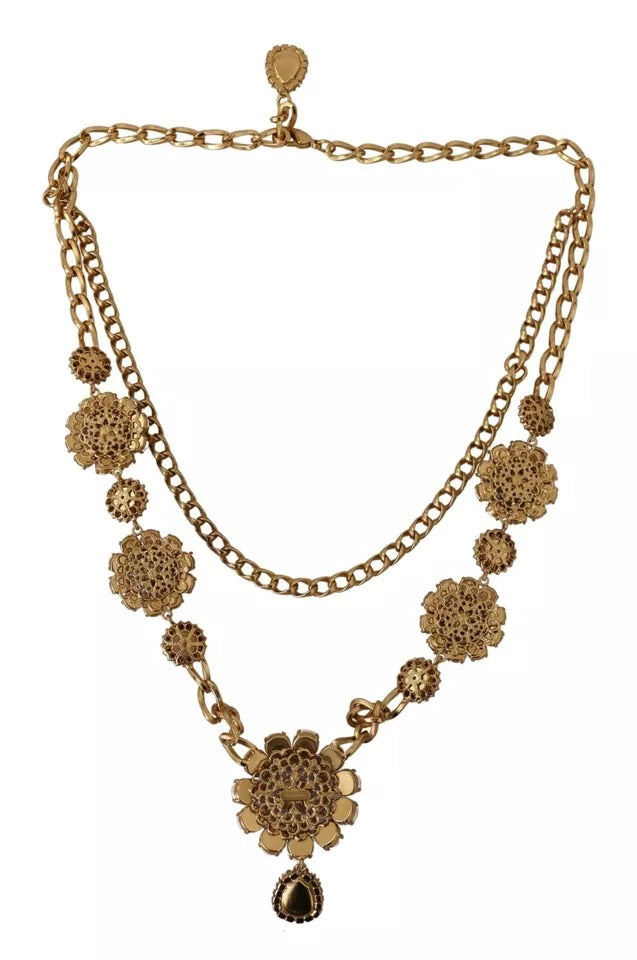 Dolce & Gabbana Gold Tone Floral Crystals Purple Embellished Necklace