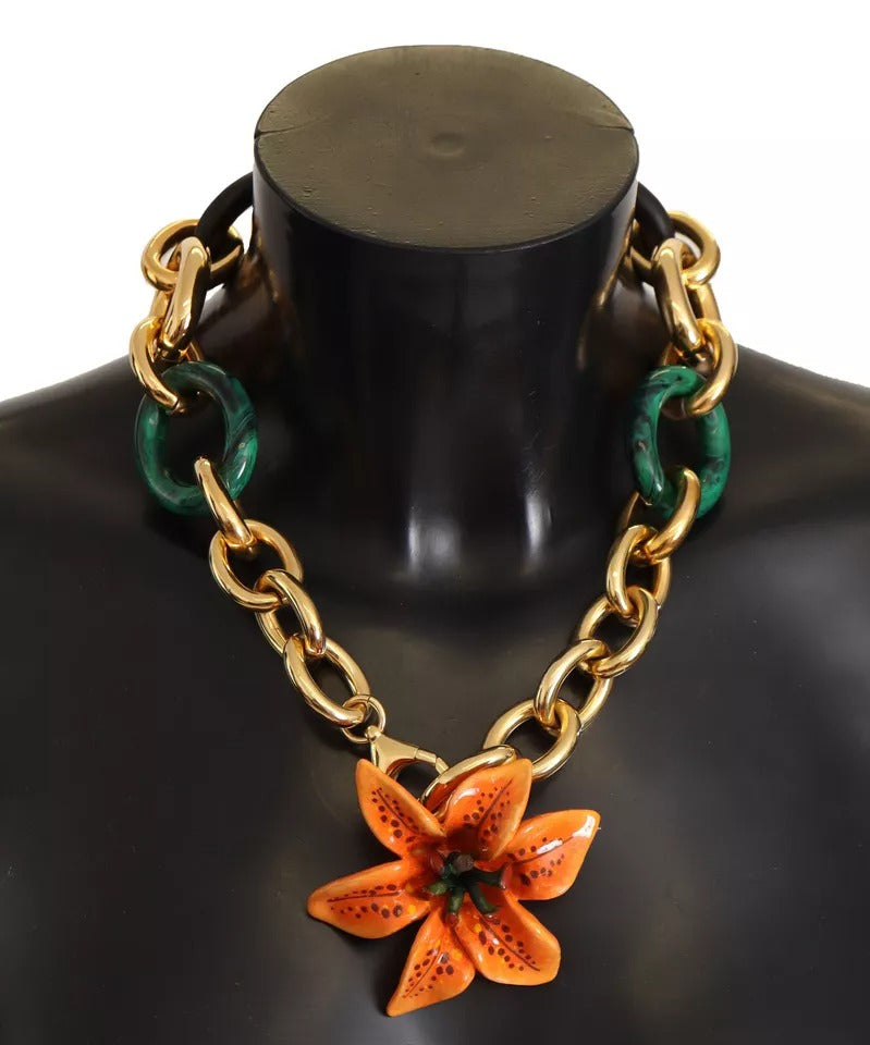 Dolce & Gabbana Multicolor Gold Orange Lily Floral Chain Necklace